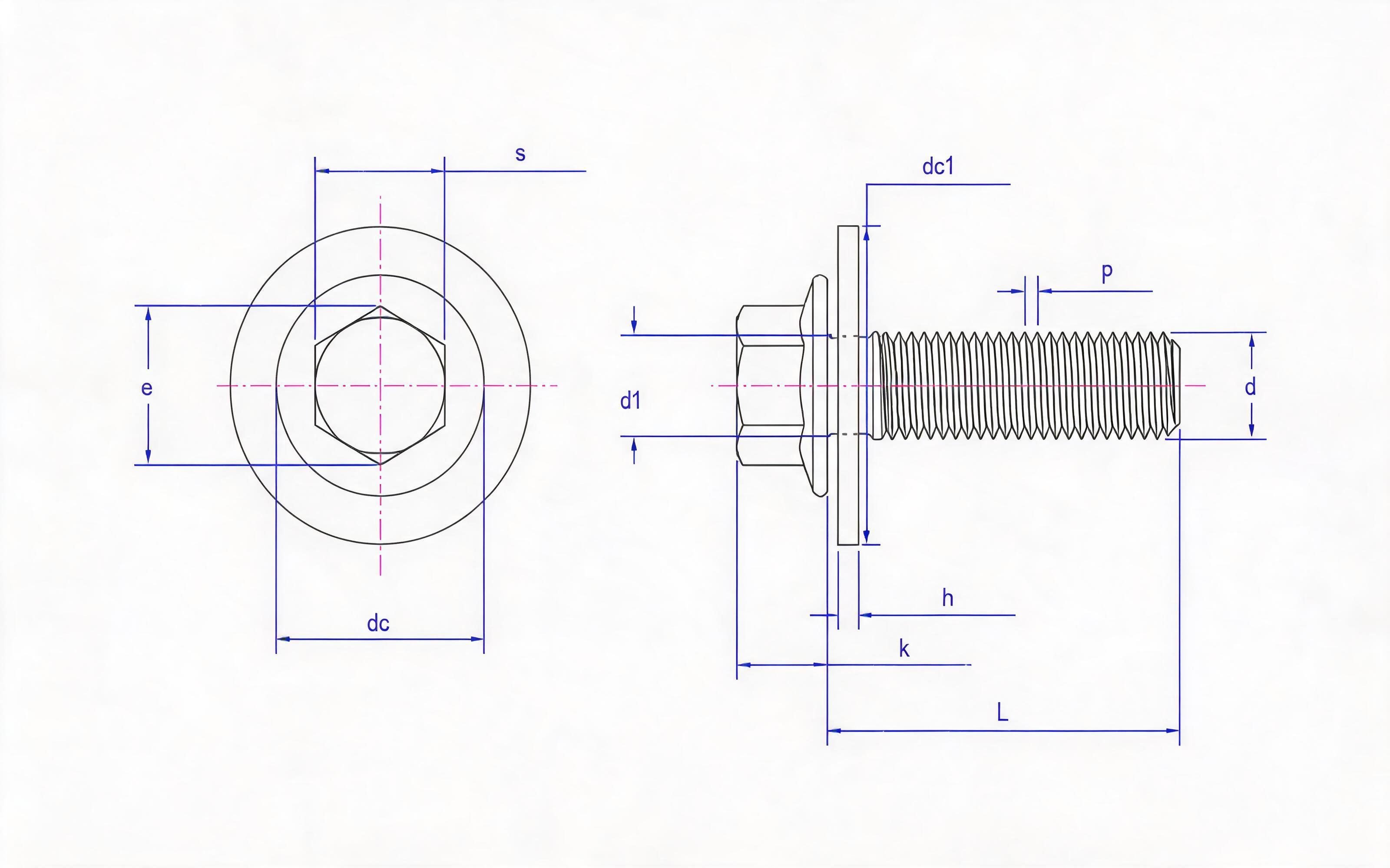 Hexagon flange bolt Small series fine thread (U-shaped) and large flat washer combination Standard Drawing