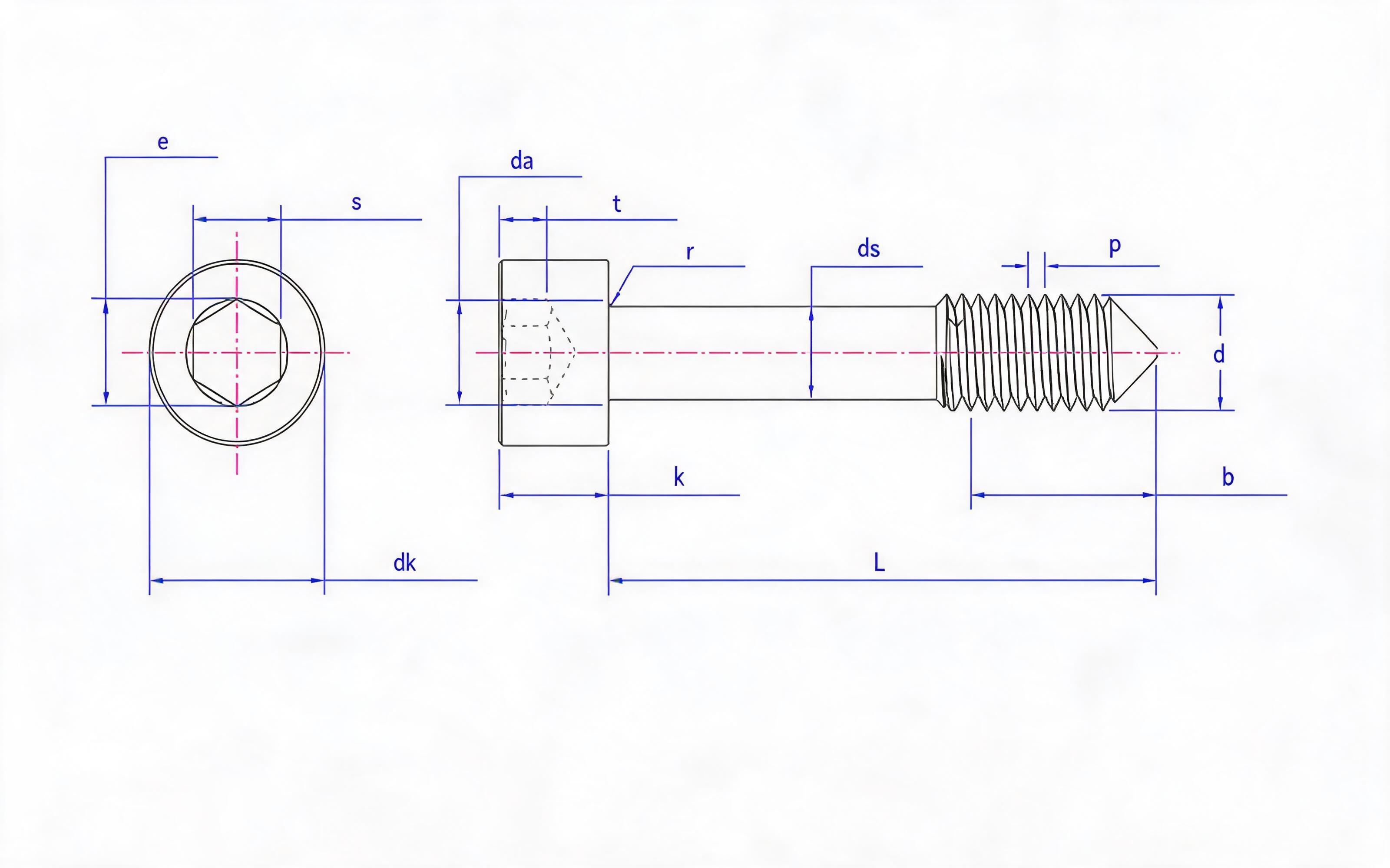 HEXAGON SOCKET HEAD WITHOUT SCREW L LONG THREAD (CONE TAIL) Standard Drawing