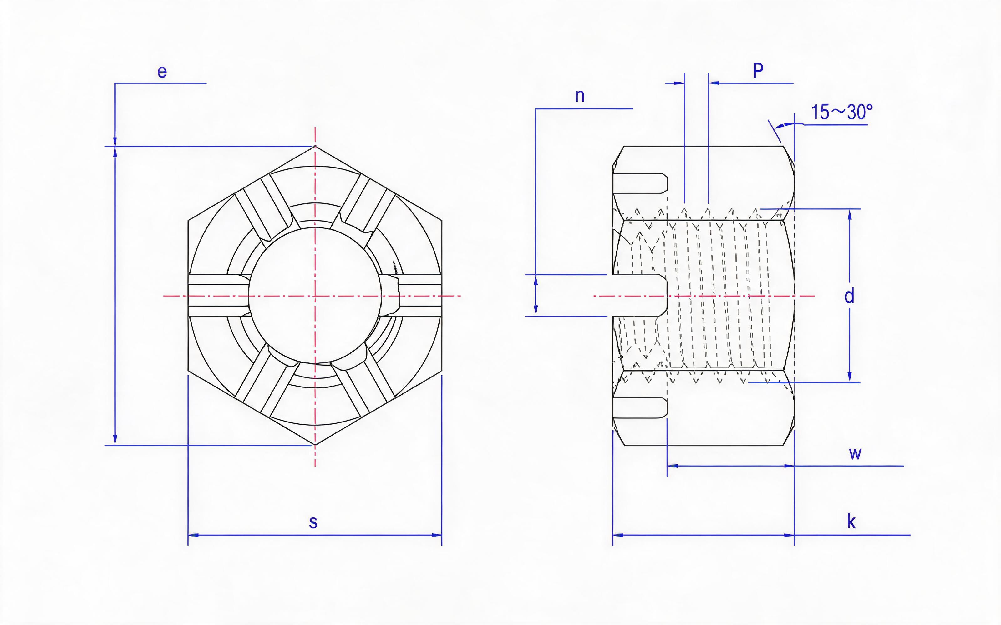 Type 2 hexagon slotted nut fine thread Standard Drawing