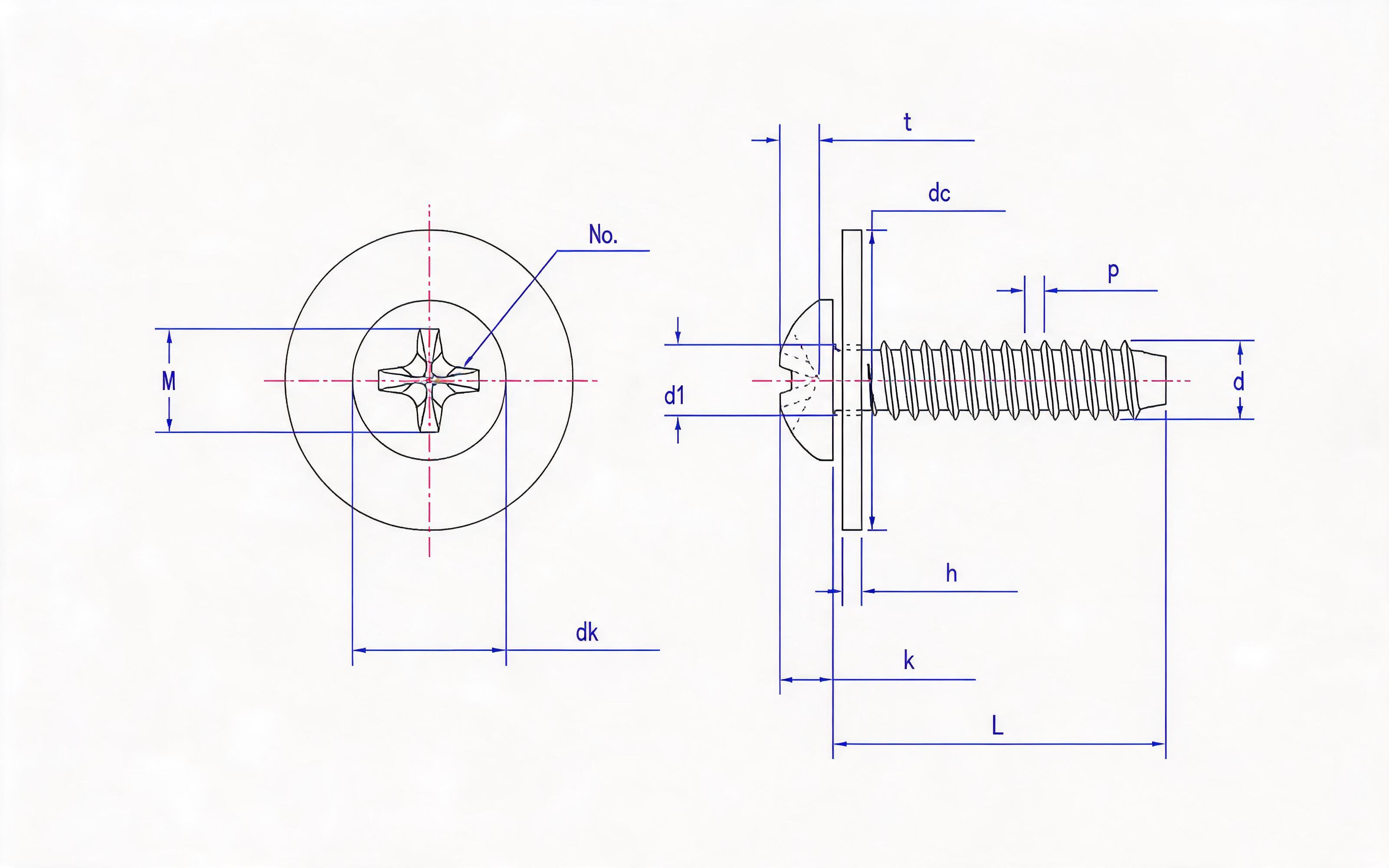 Combination of cross recessed panhead self-tapping screw and large flat washer Type F Standard Drawing