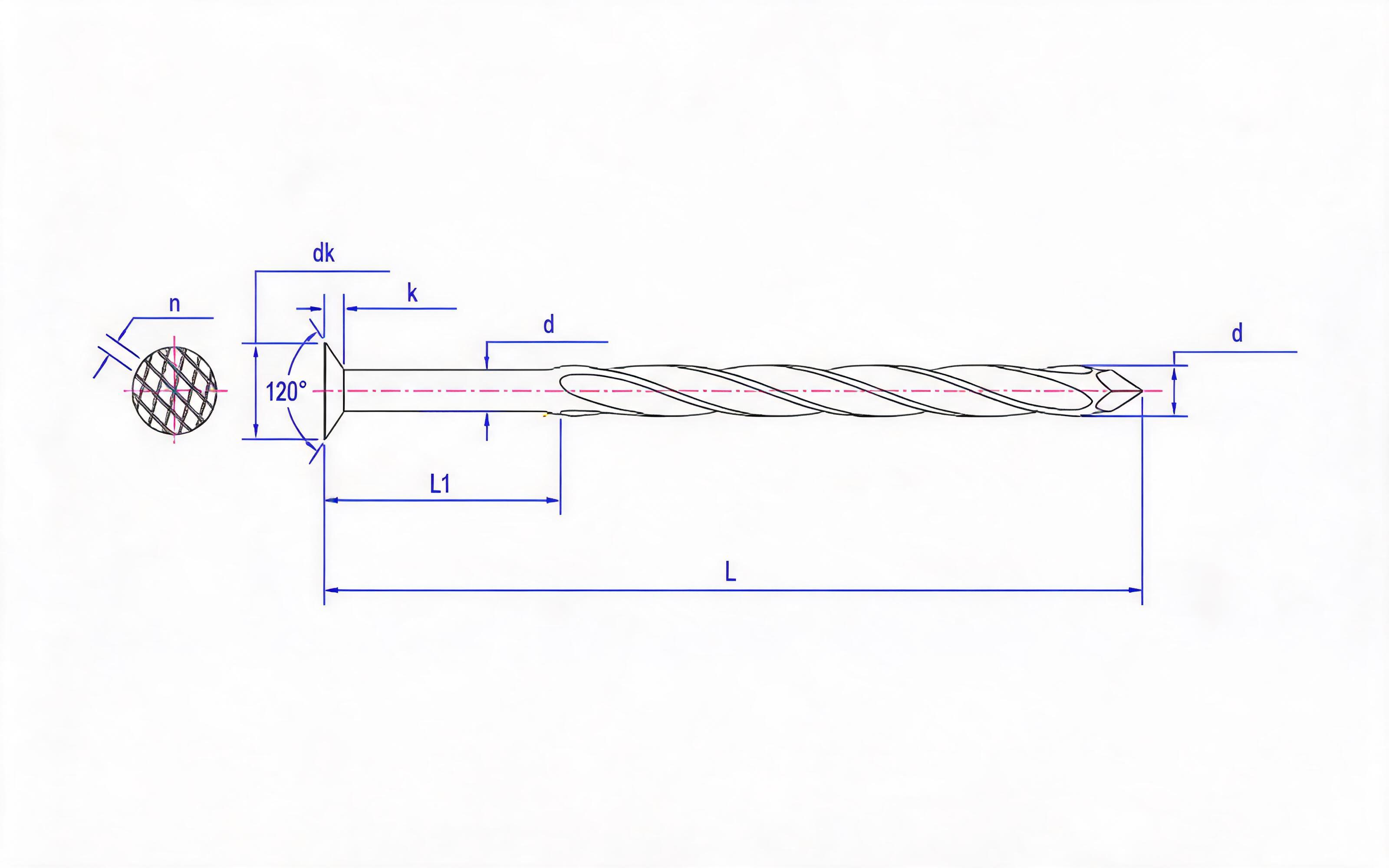 Table A.2 Countersunk Nail with Long Spiral 120 ° Embossed Cap Standard Drawing