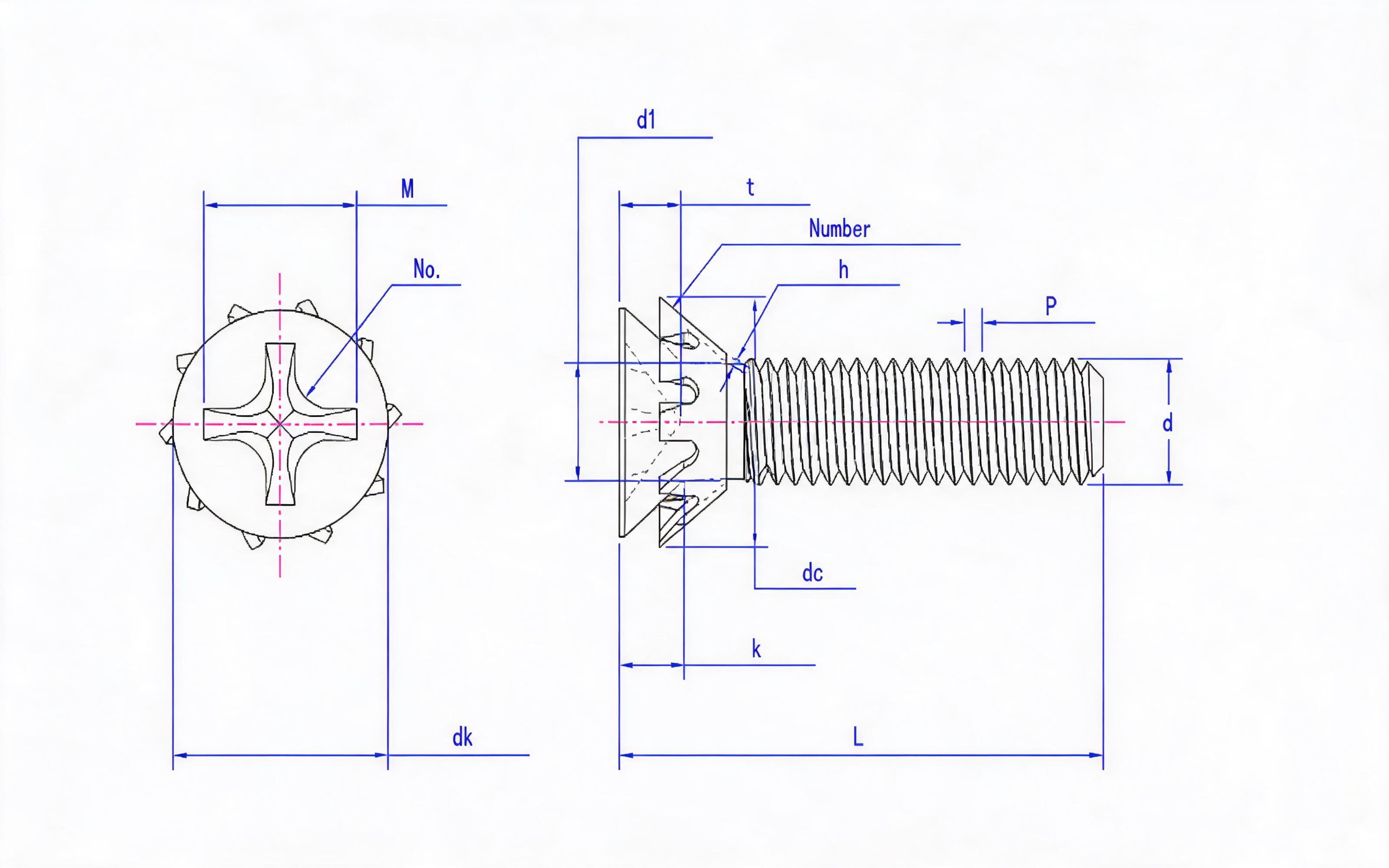 Combination of 90 ° Cross recessed countersunk head screw and taper lock washer Standard Drawing