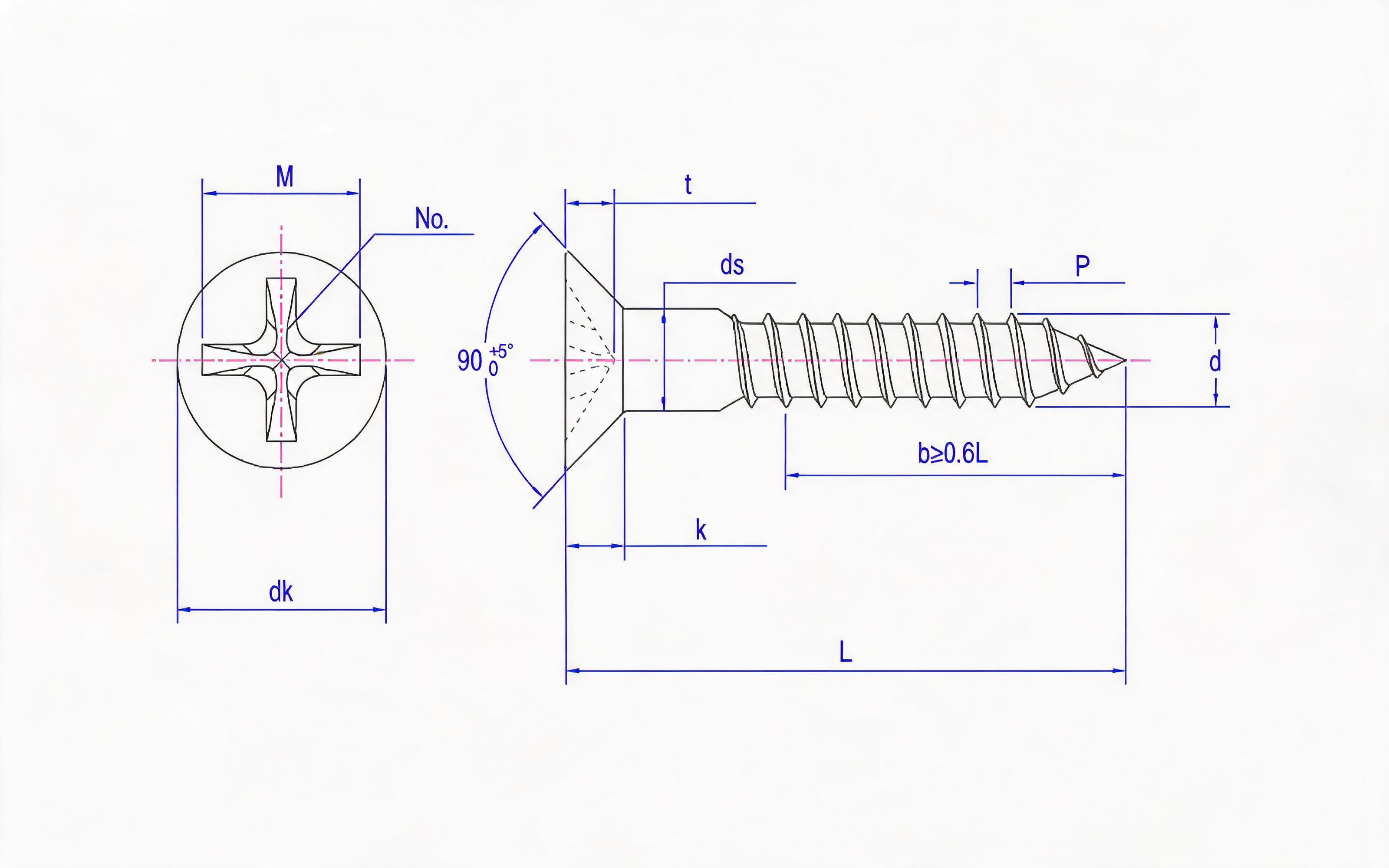 Cross recessed countersunk head wood screw (type H) Standard Drawing