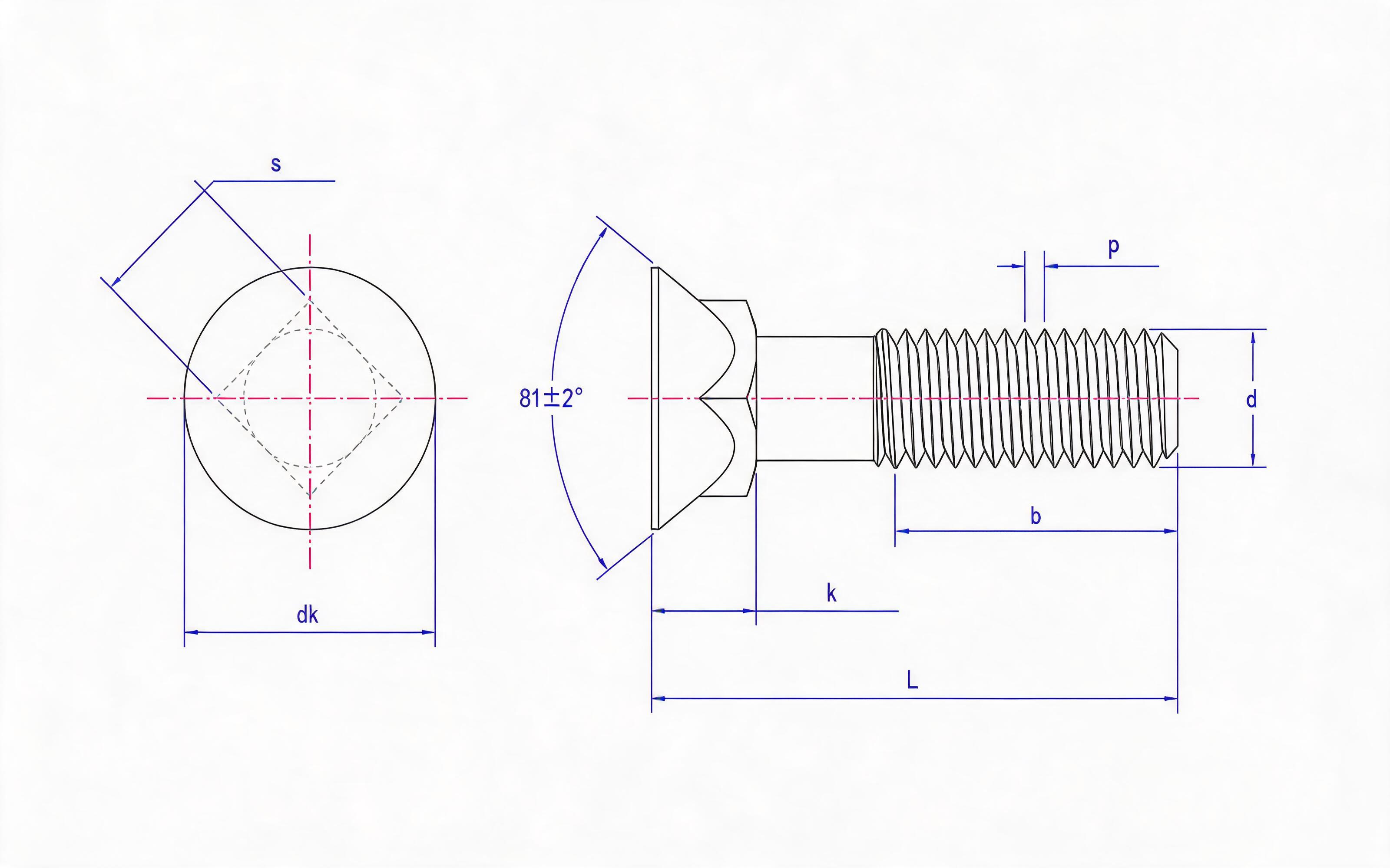 Countersunk square neck bolt for earthmoving machinery Standard Drawing