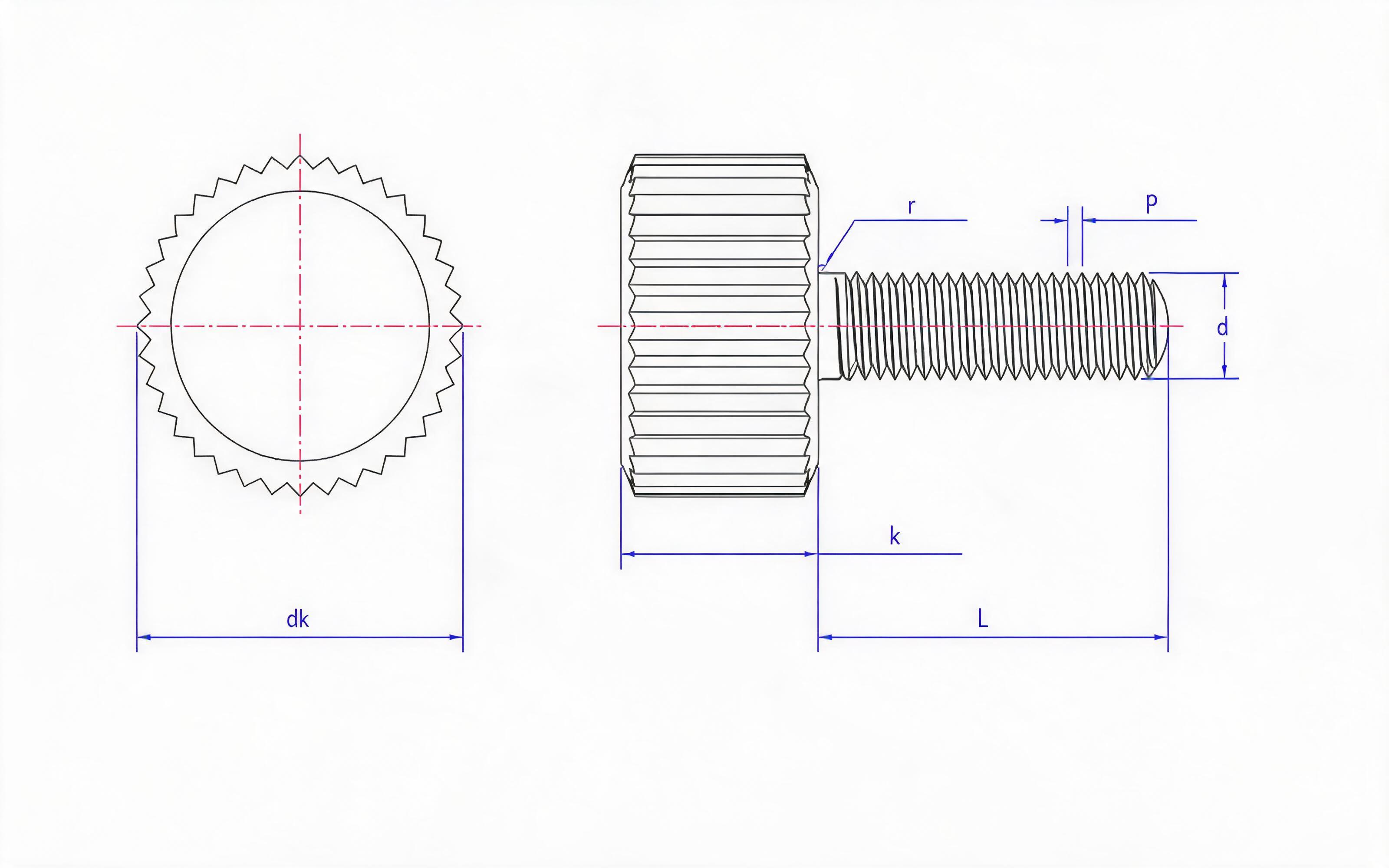 Knurled flat head screw Standard Drawing