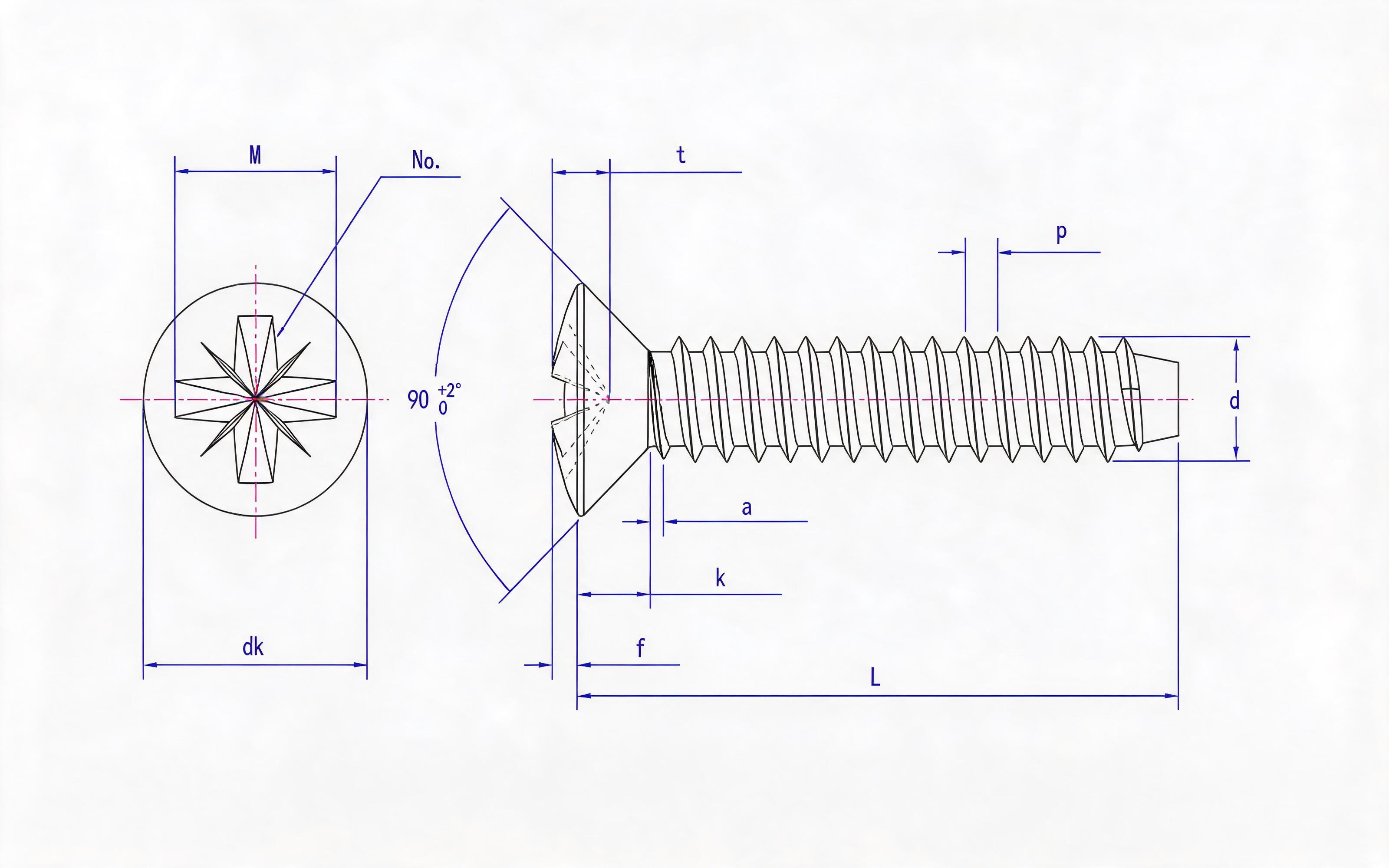 Type F countersunk head self-tapping screw with herringbone groove Standard Drawing