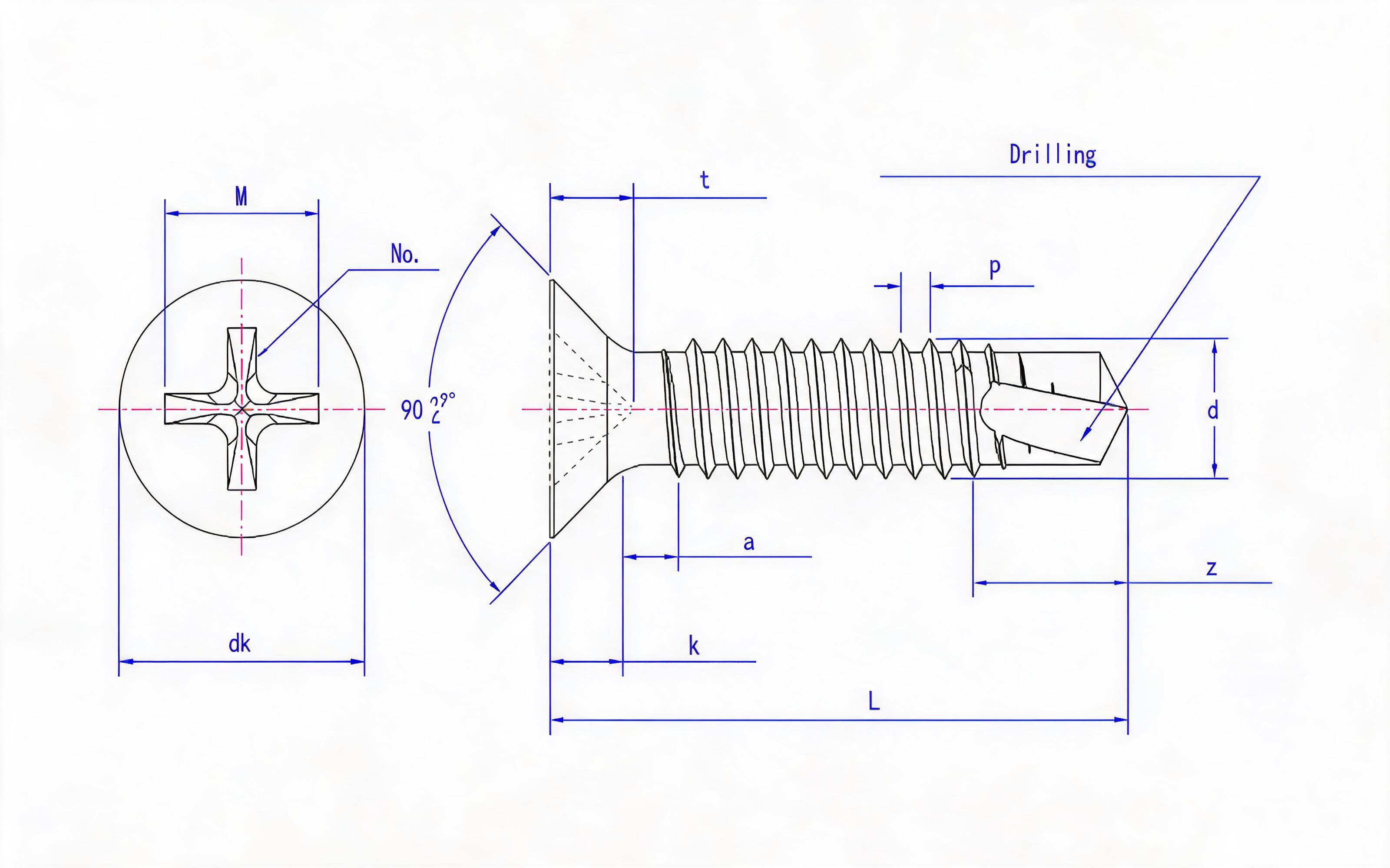 Cross recessed countersunk head self-tapping screw (H type) Standard Drawing