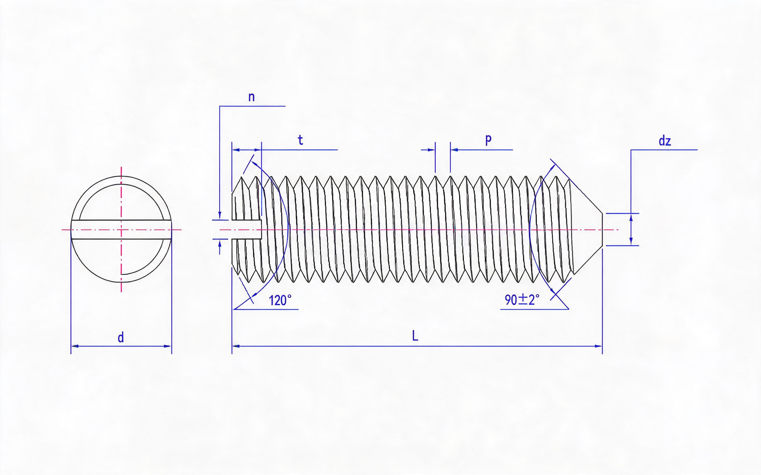Slotted taper end set screw Standard Drawing