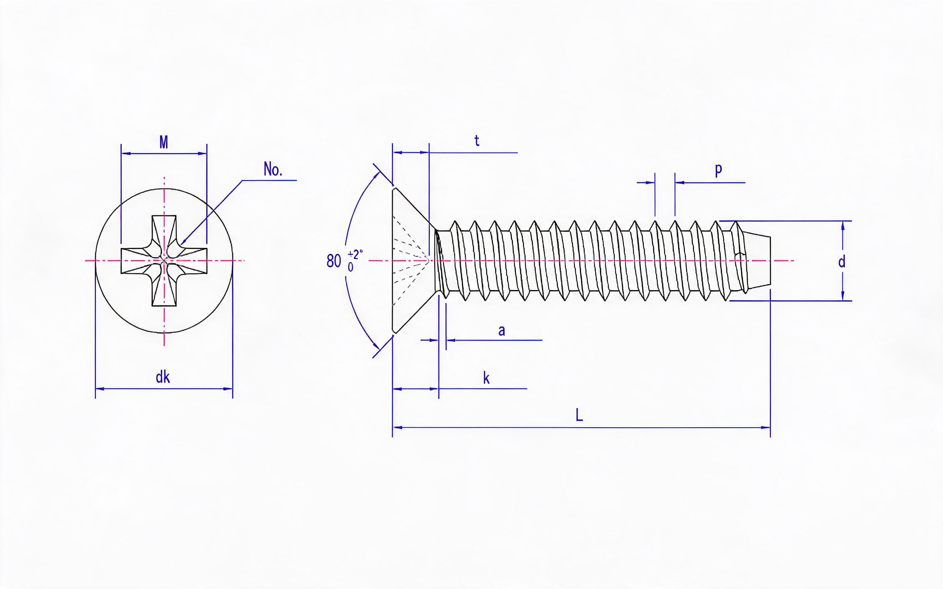 Cross recessed countersunk head self-tapping screw F-type Standard Drawing