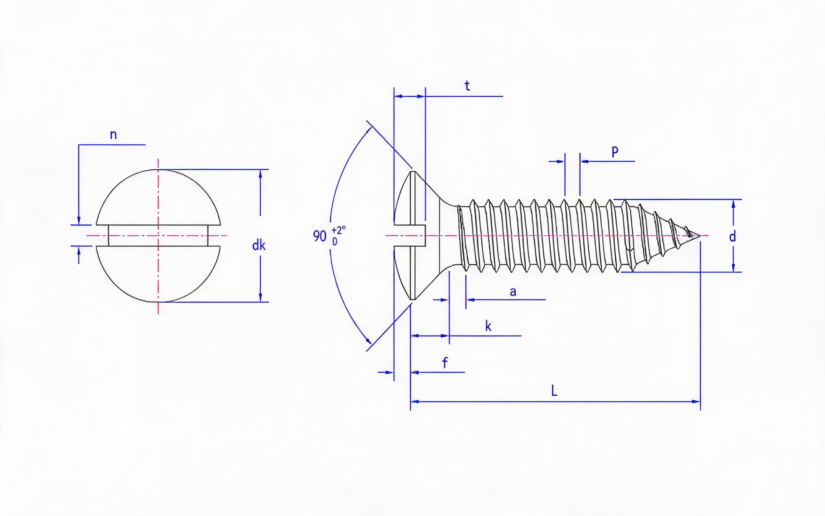 Slotted countersunk head self-tapping screw Type C Standard Drawing