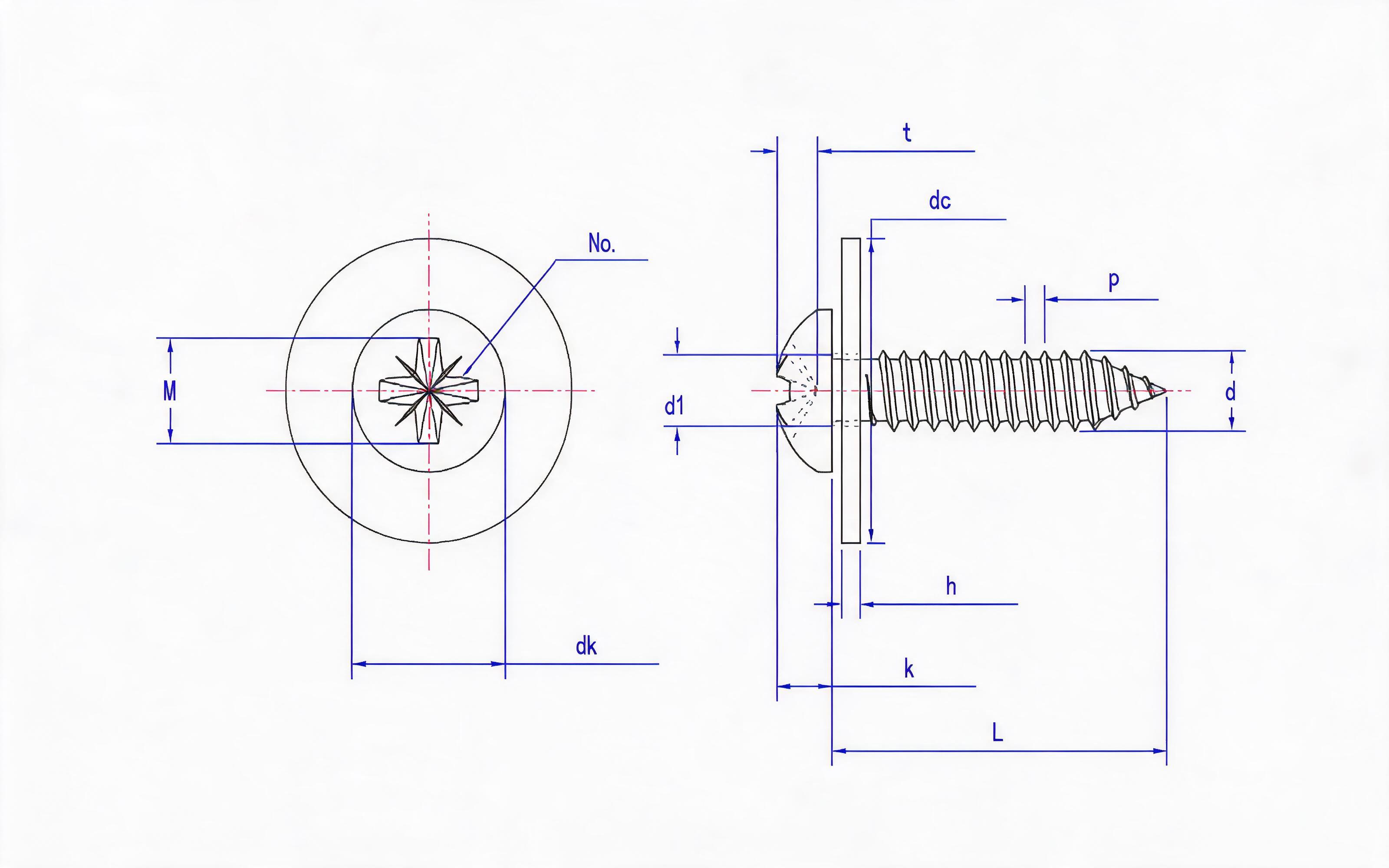 Type C combination of herringbone groove panhead self-tapping screw and large flat washer Standard Drawing