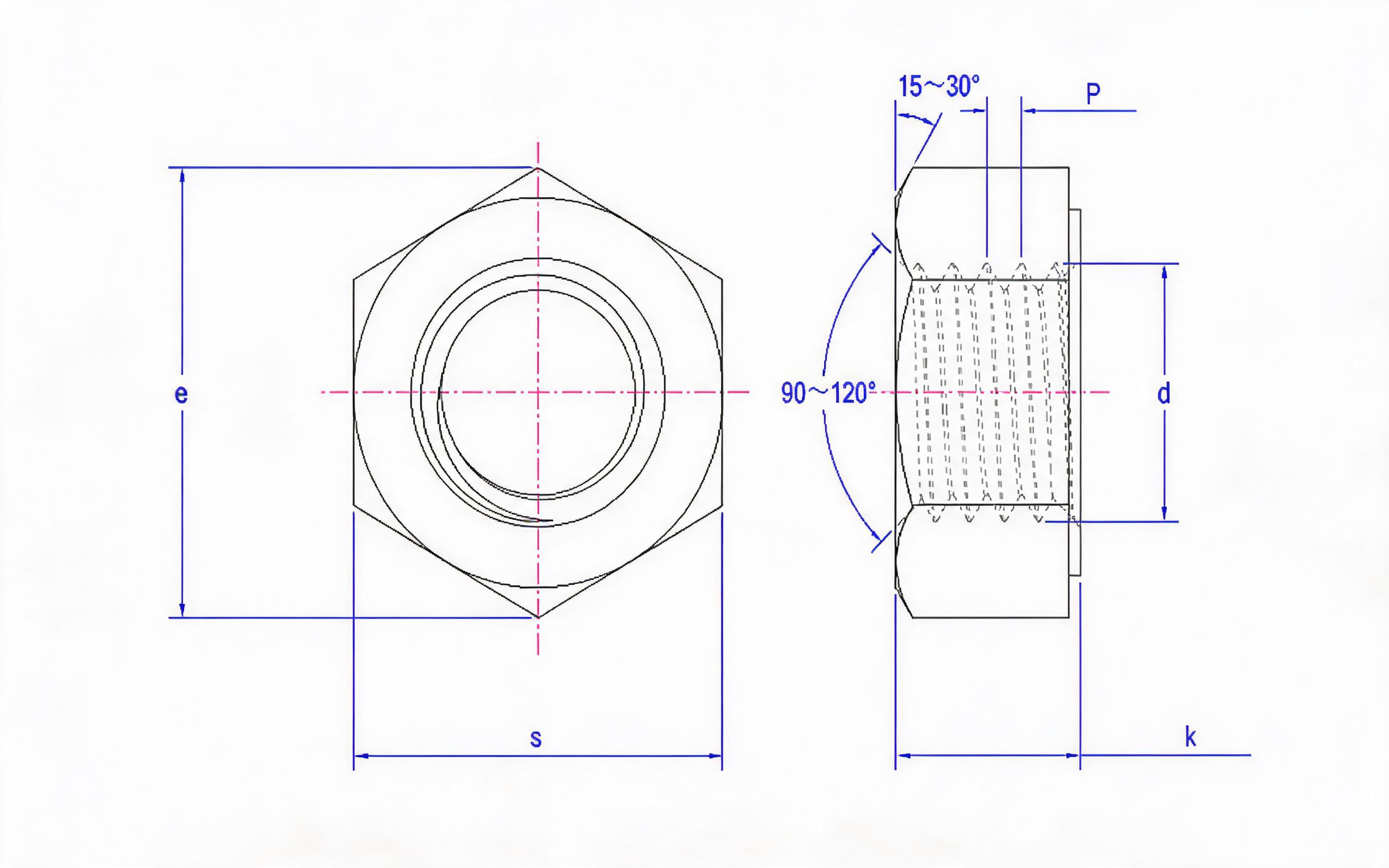 Type 1 single-chamfer hexagon fine thread nut Standard Drawing
