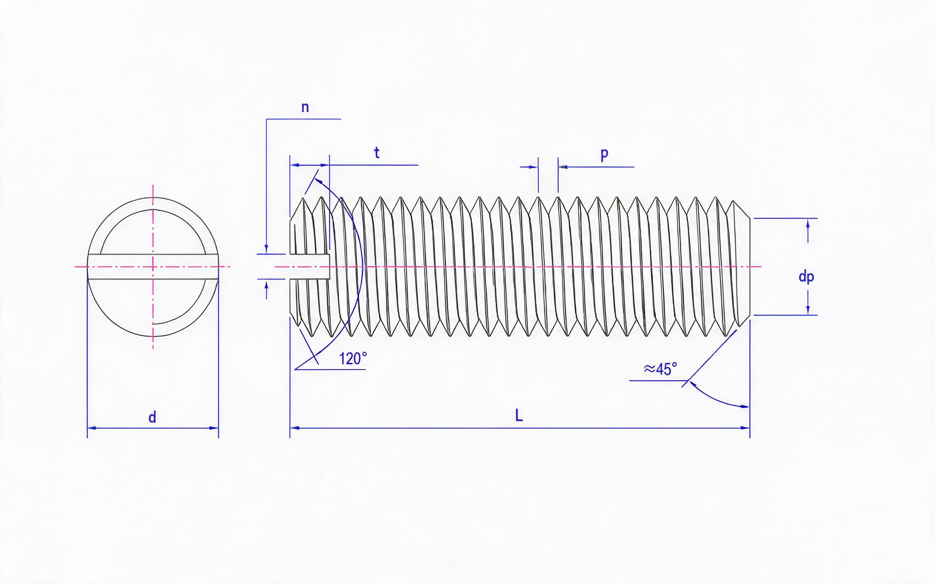 Slotted flat end set screw Standard Drawing