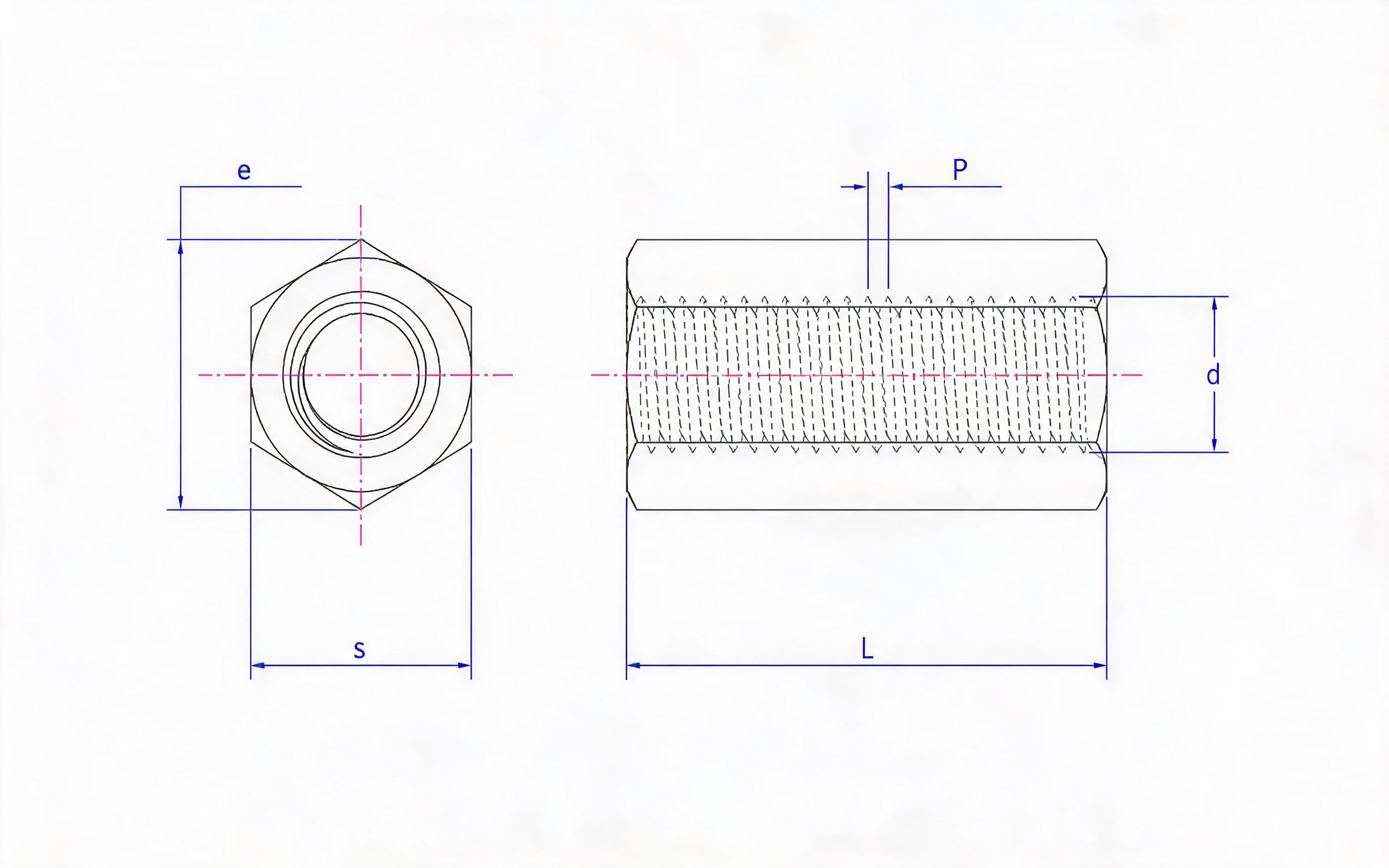 Hexagon steel turnbuckle nut (M6-M16) Standard Drawing