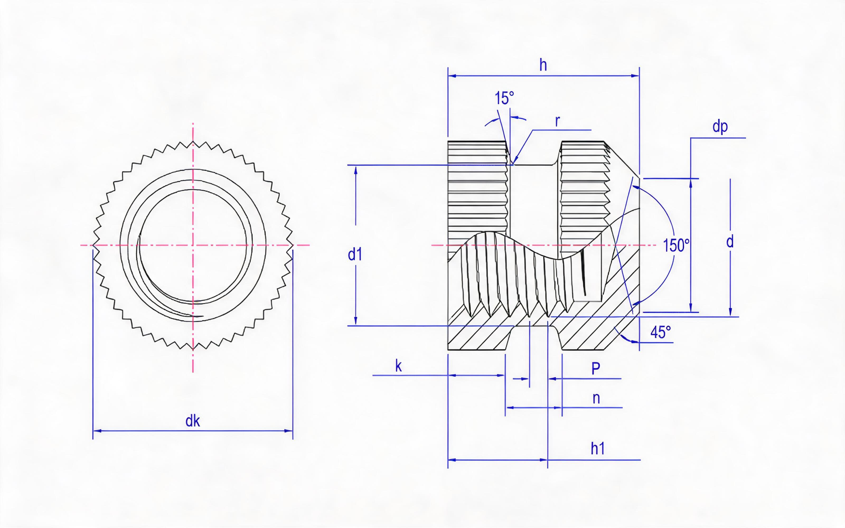 Knurled through-hole with slot insert nut closed type (Type Q) Standard Drawing