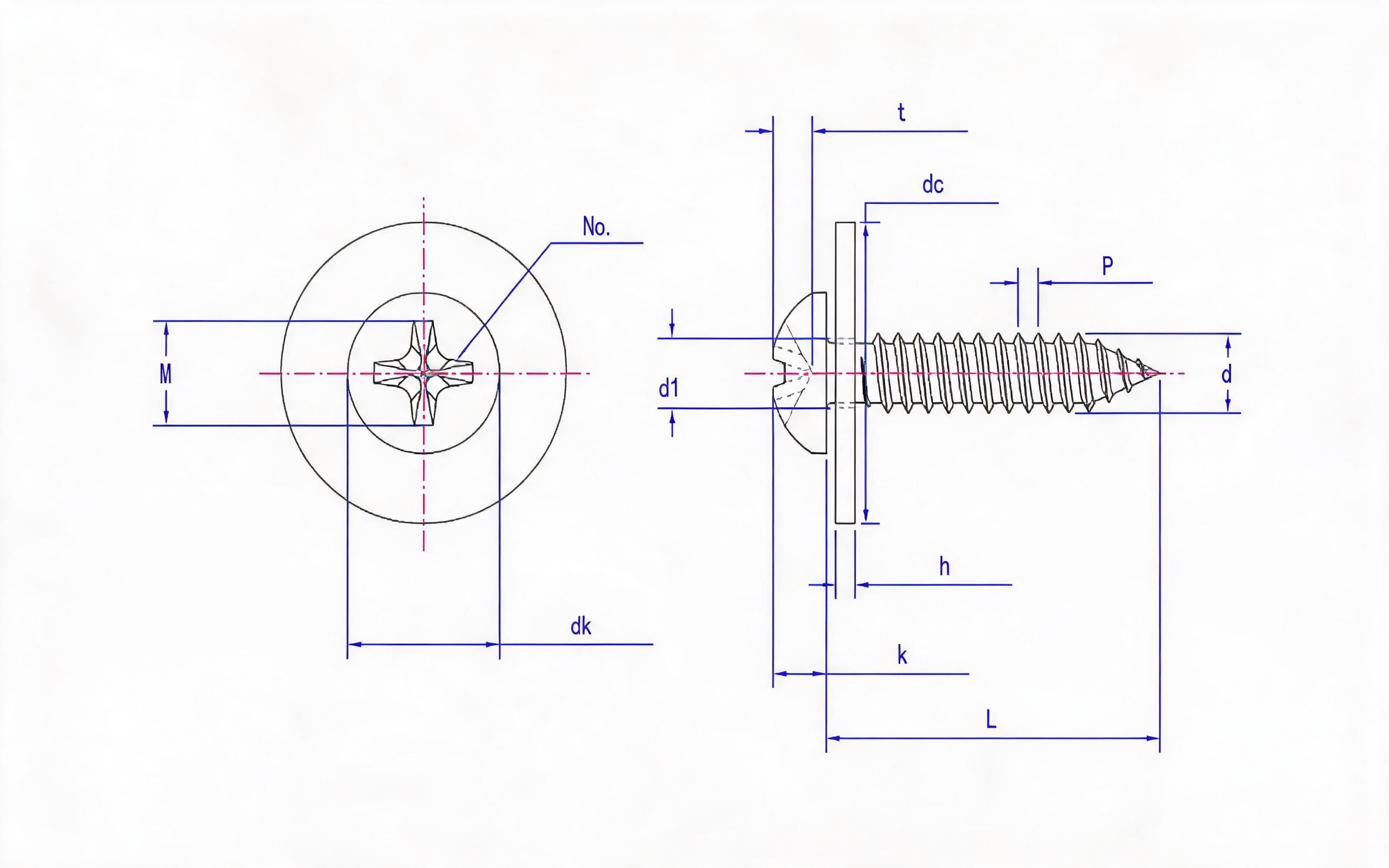 Cross recessed panhead self-tapping screw and large flat washer combination type C Standard Drawing