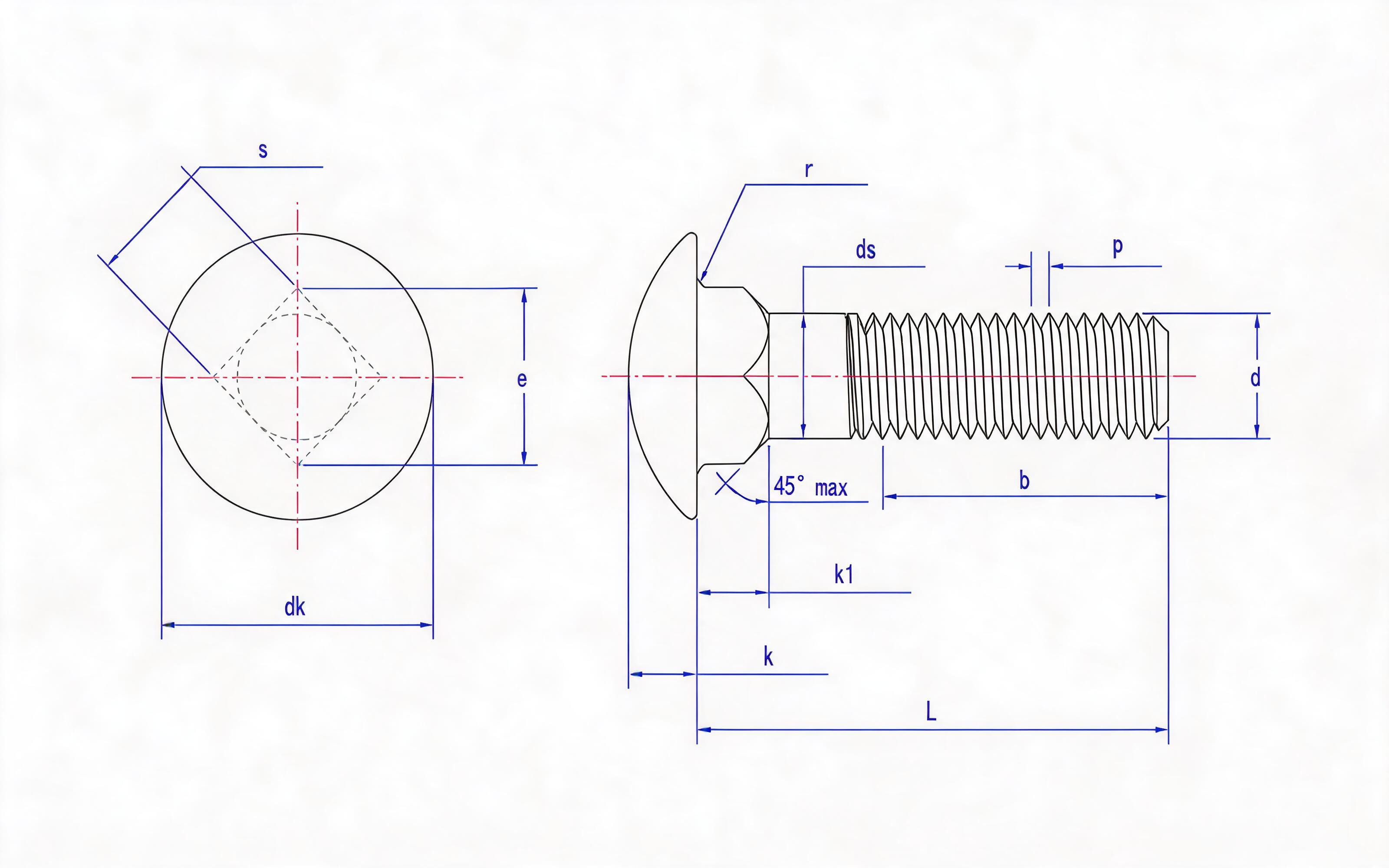 Large round head square neck bolt Standard Drawing