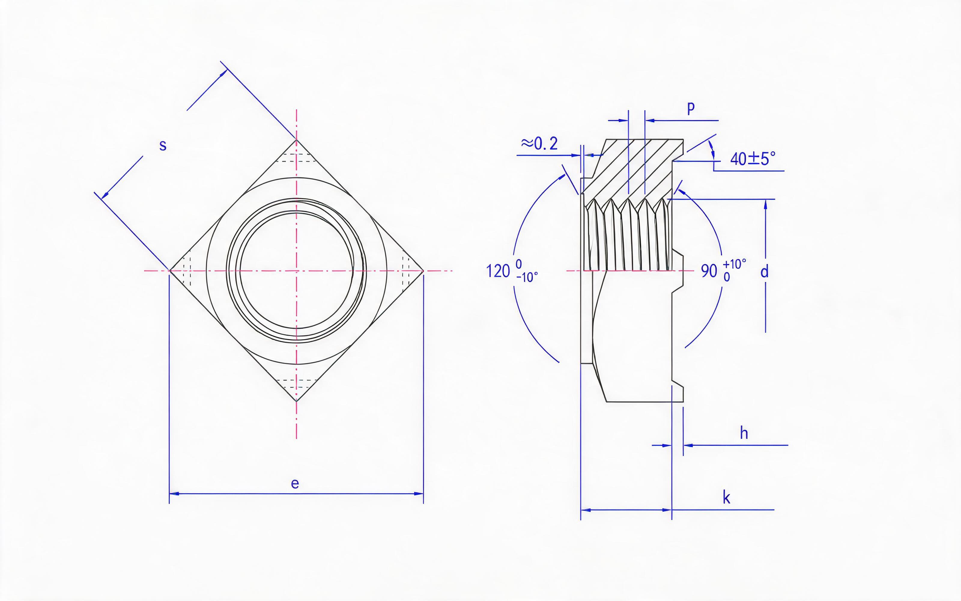 Unified thread square welding nut Standard Drawing