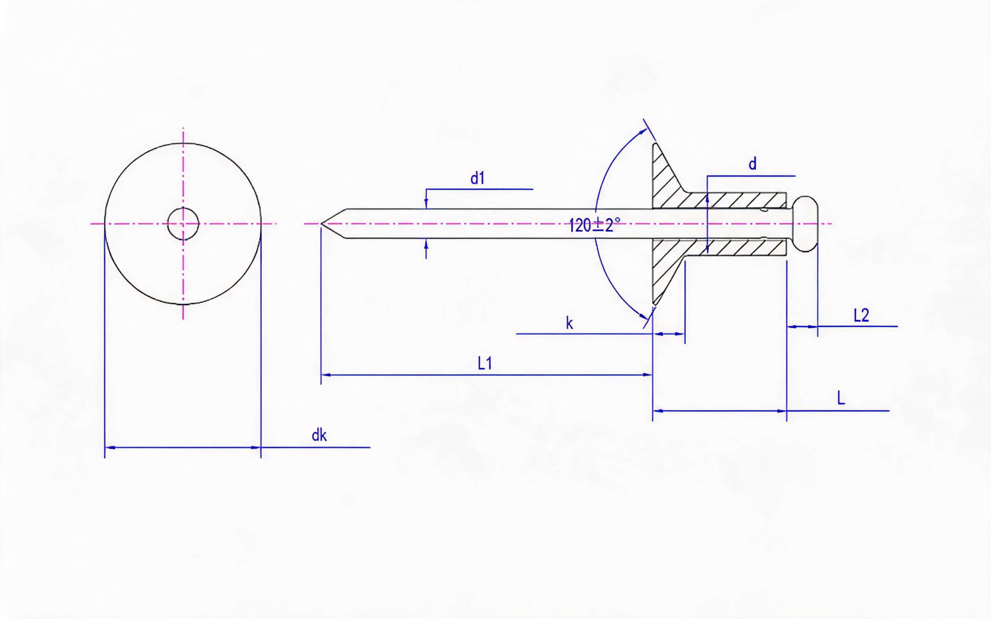 Open end countersunk head pop rivets - Grades 10 and 11 Standard Drawing