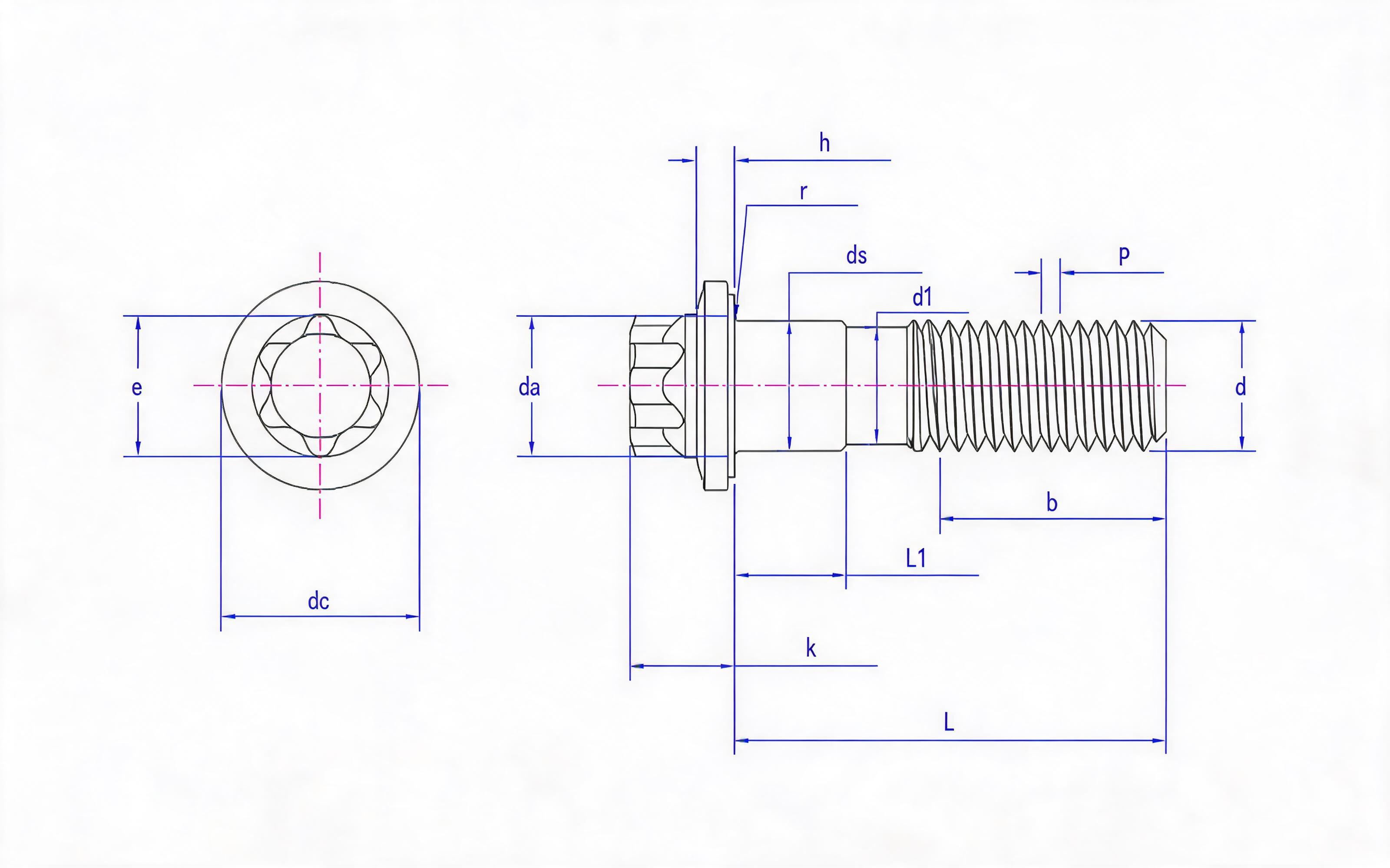 Small flange bolt of torx head fine rod (L>10d) Standard Drawing