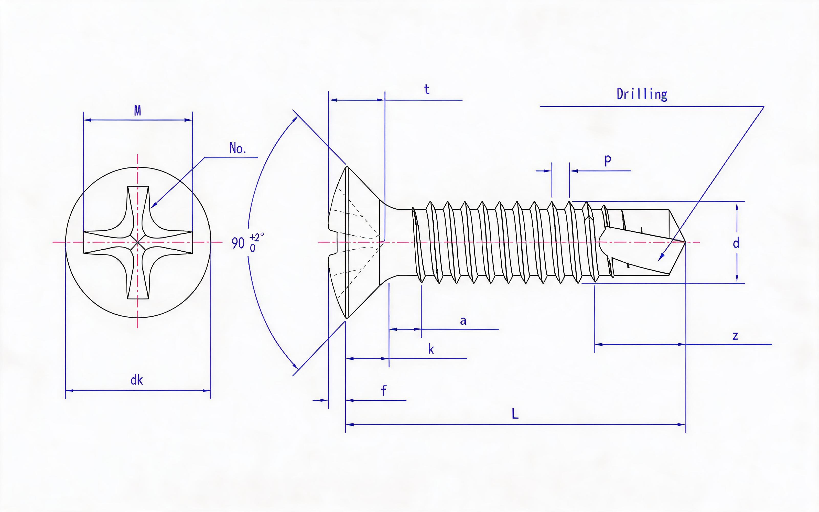 Cross recessed countersunk head self-tapping screw (H type) Standard Drawing