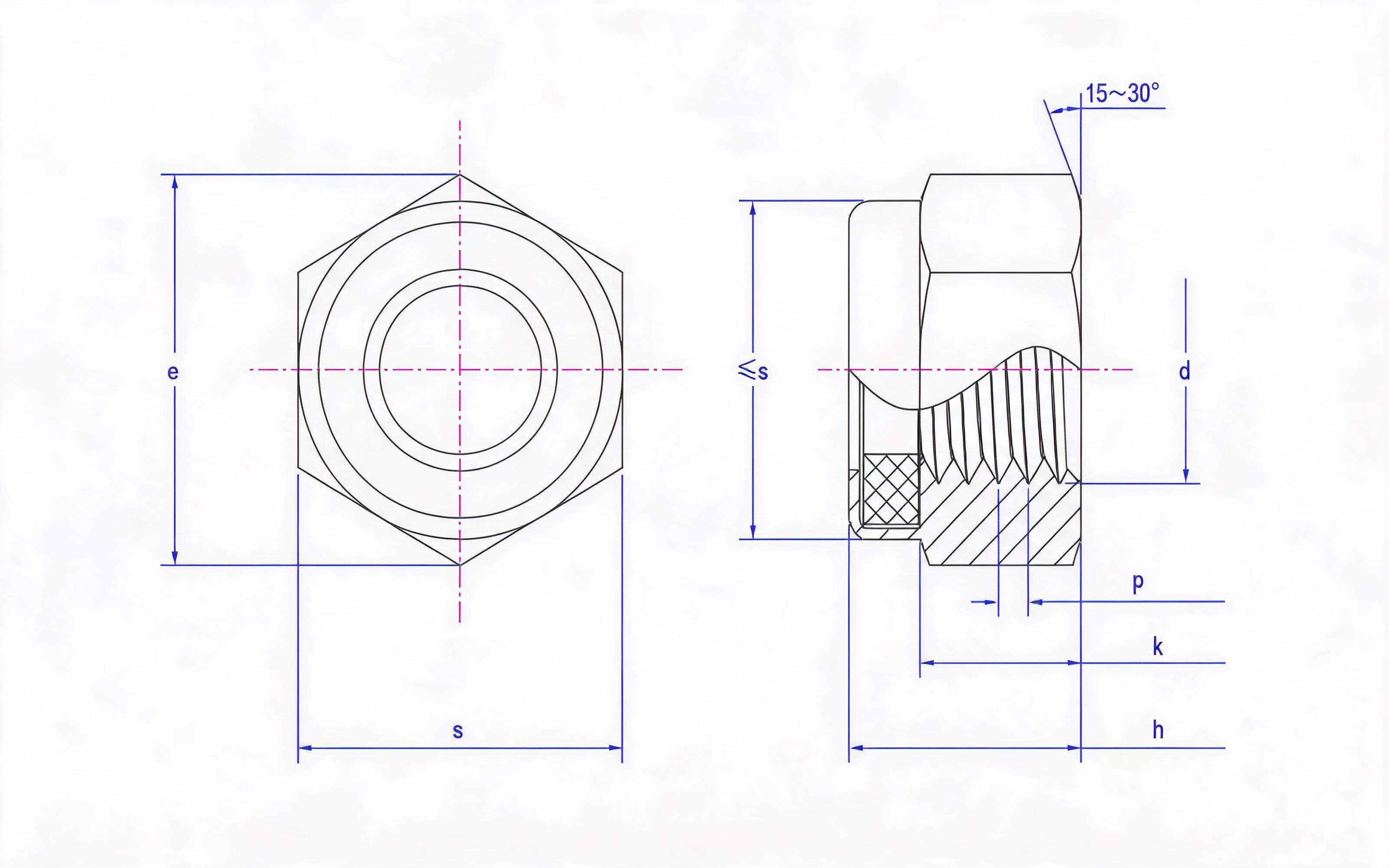 Type 1 hexagon nylon lock nut Grade 5, 8 and 10 Standard Drawing