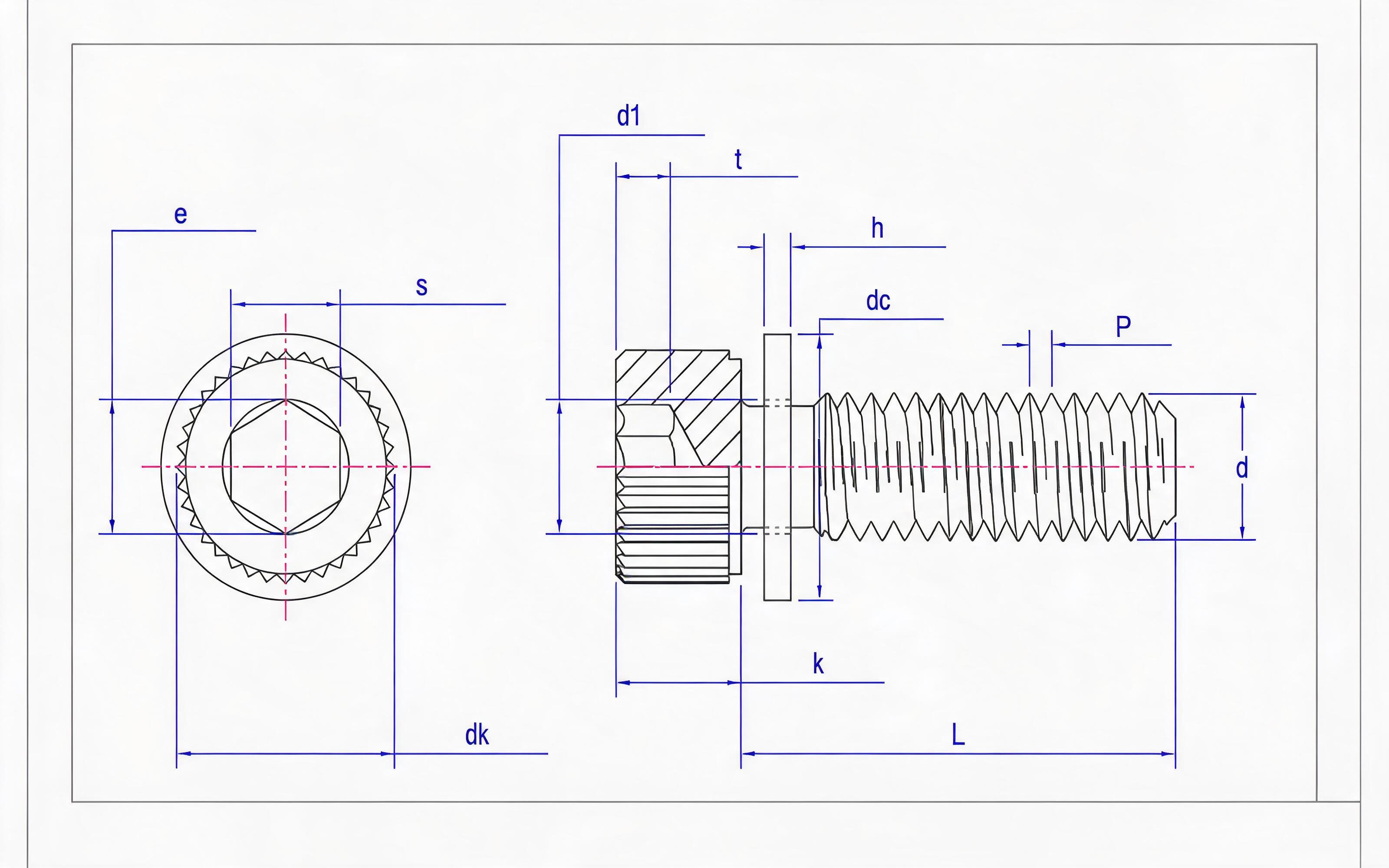 Knurled hexagon socket head cap screw and flat washer combination (ISO 4762) Standard Drawing