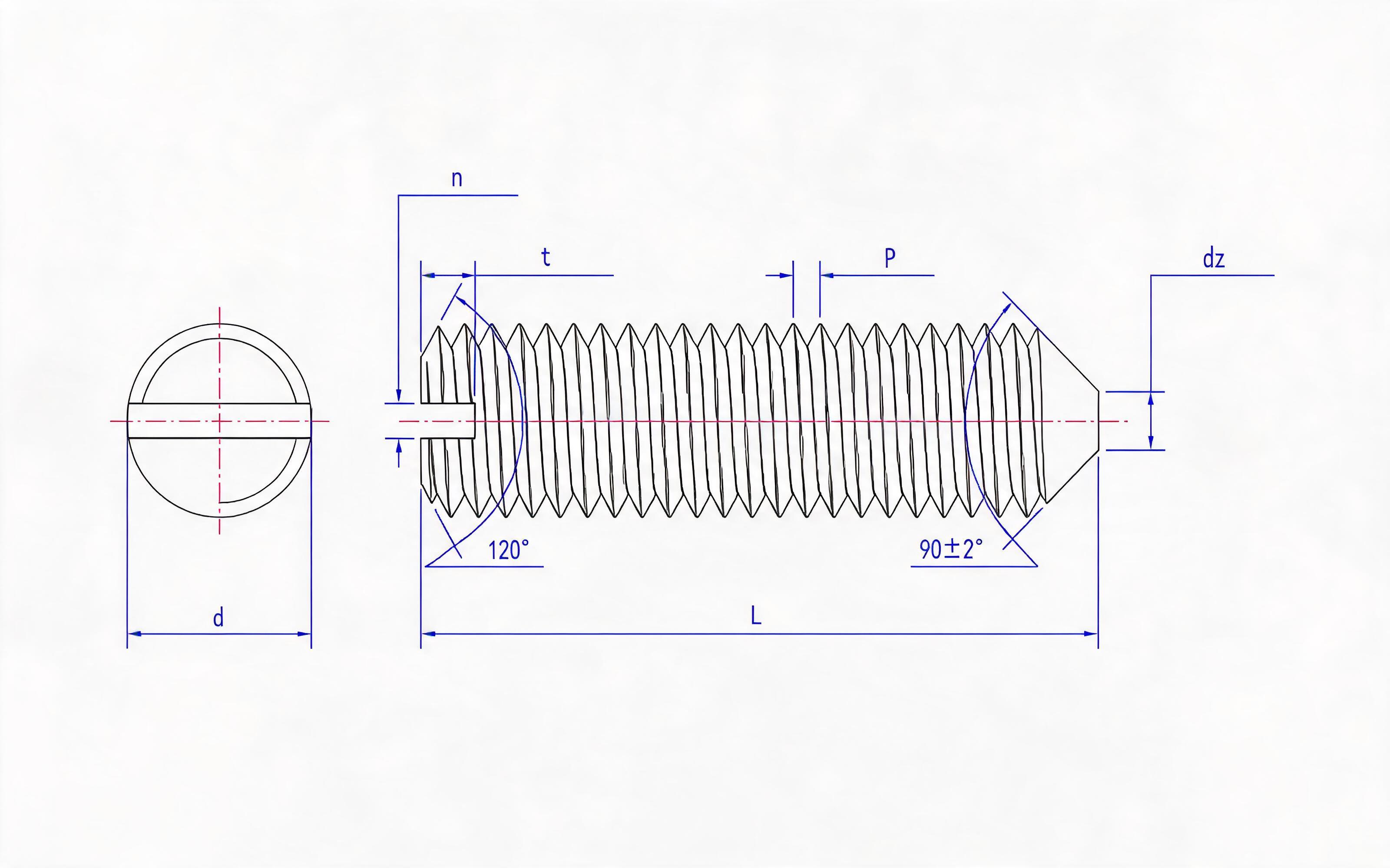 Slotted taper end set screw Standard Drawing