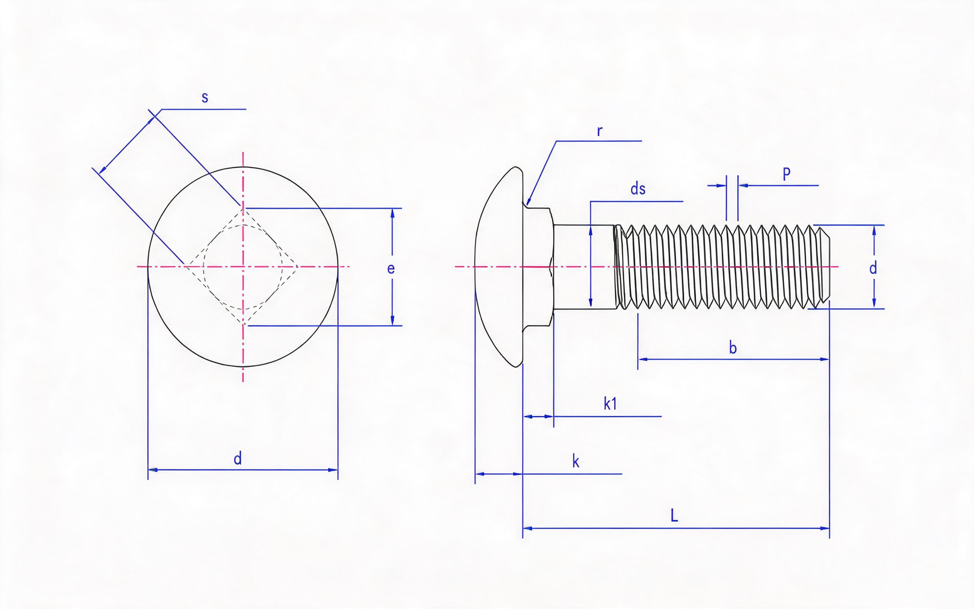 Small round head low square neck bolt Standard Drawing