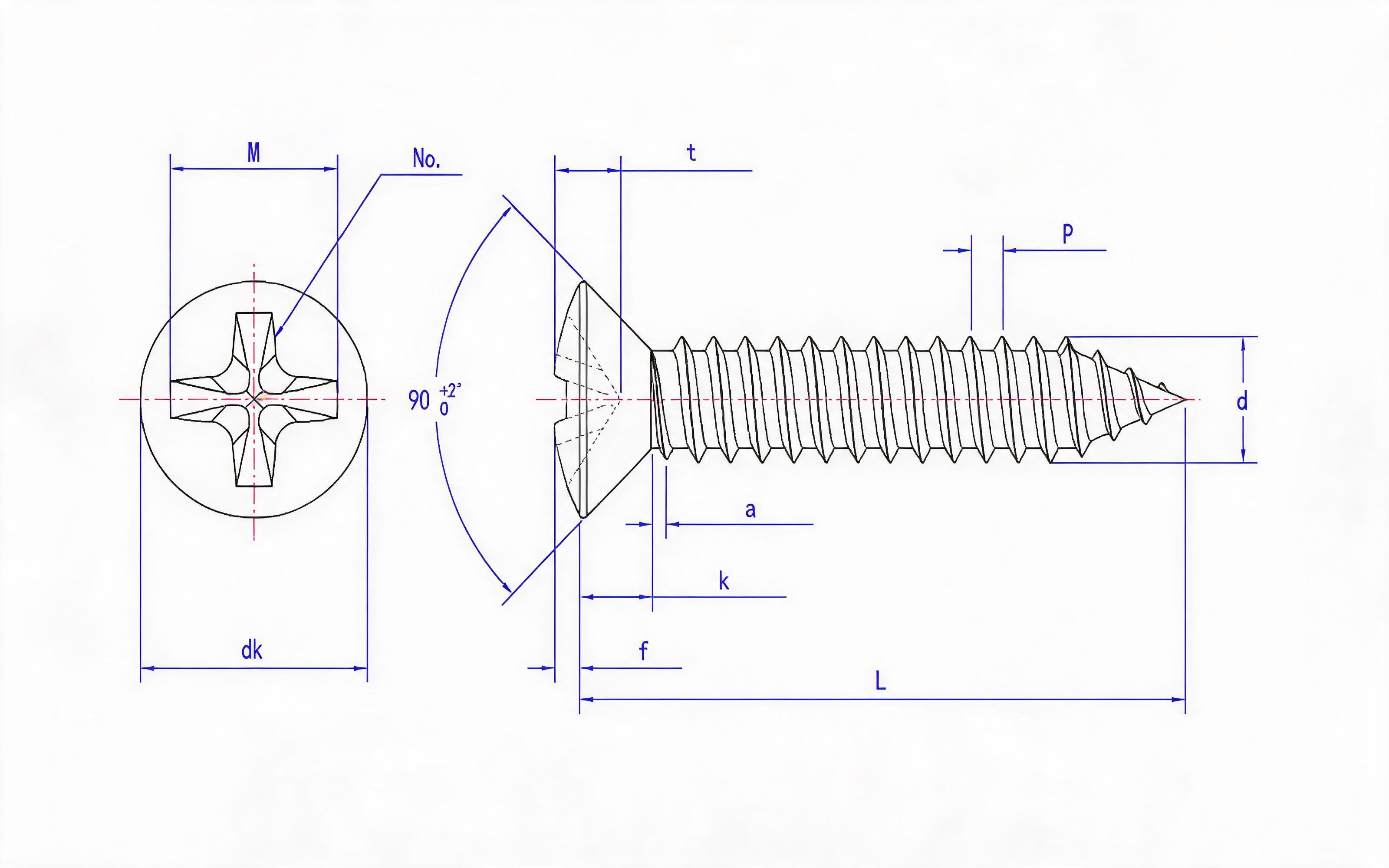 Cross recessed countersunk head self-tapping screw Type C Standard Drawing