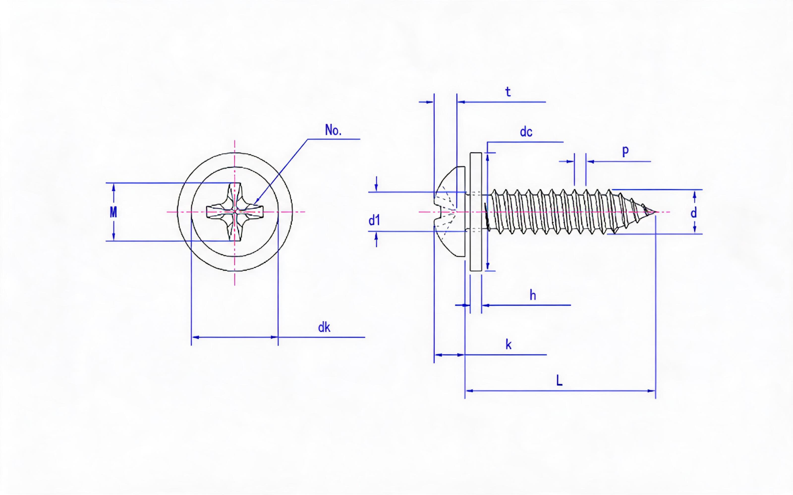 Cross recessed panhead self-tapping screw and flat washer combination type C Standard Drawing