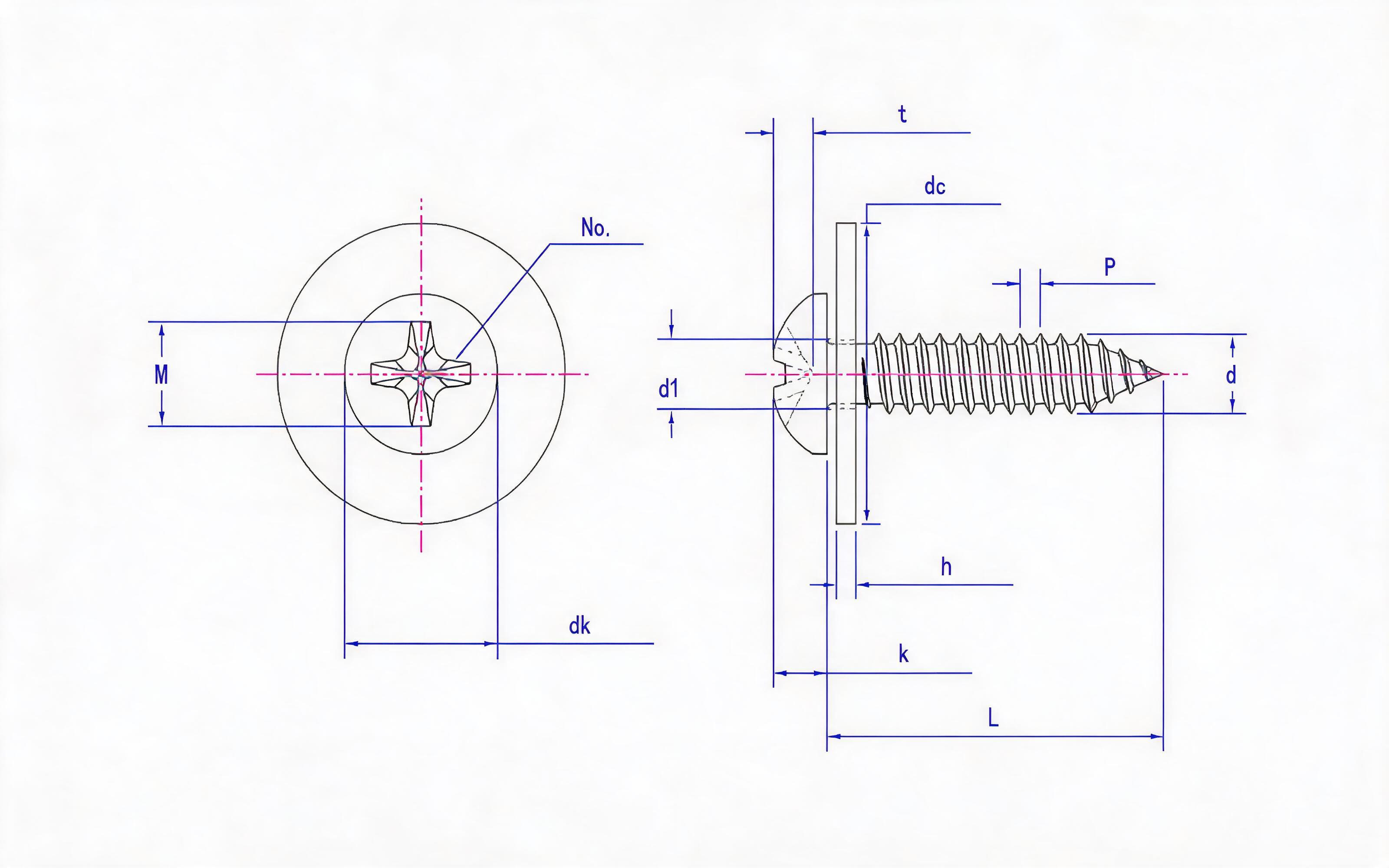 Cross recessed panhead self-tapping screw and large flat washer combination type C Standard Drawing