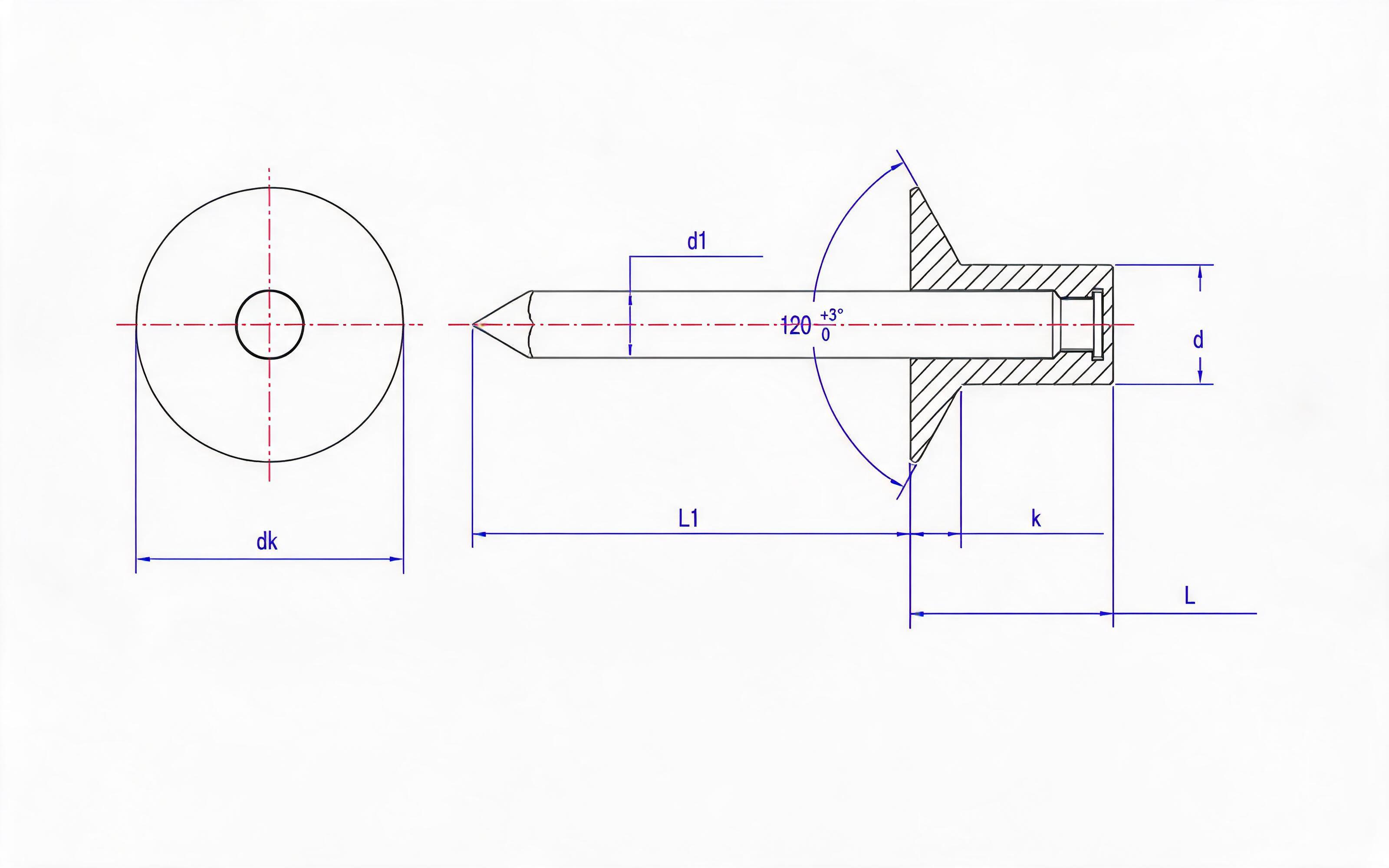 Closed end countersunk self-plugging rivets - Grade 11 Standard Drawing