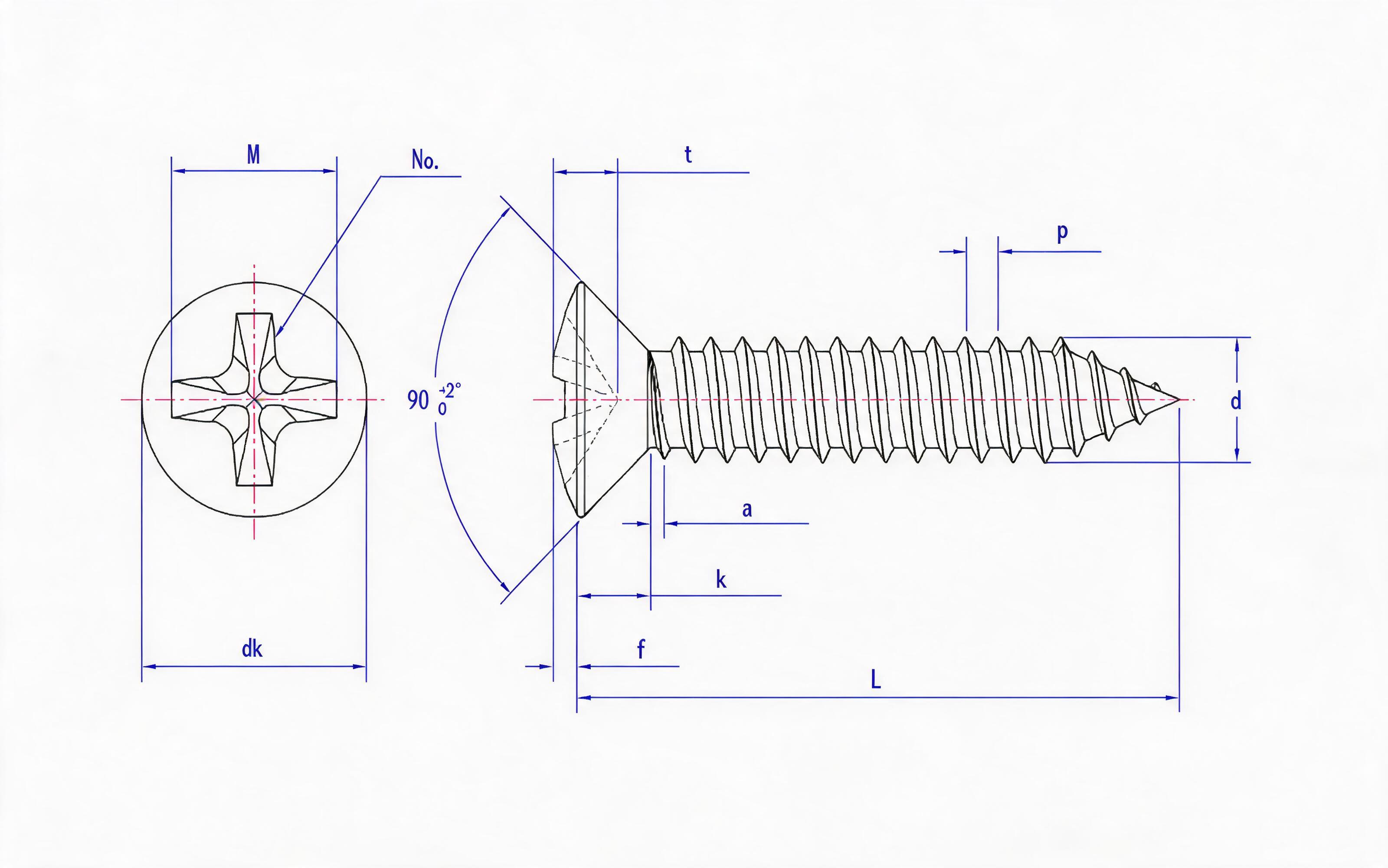Cross recessed countersunk head self-tapping screw Type C Standard Drawing