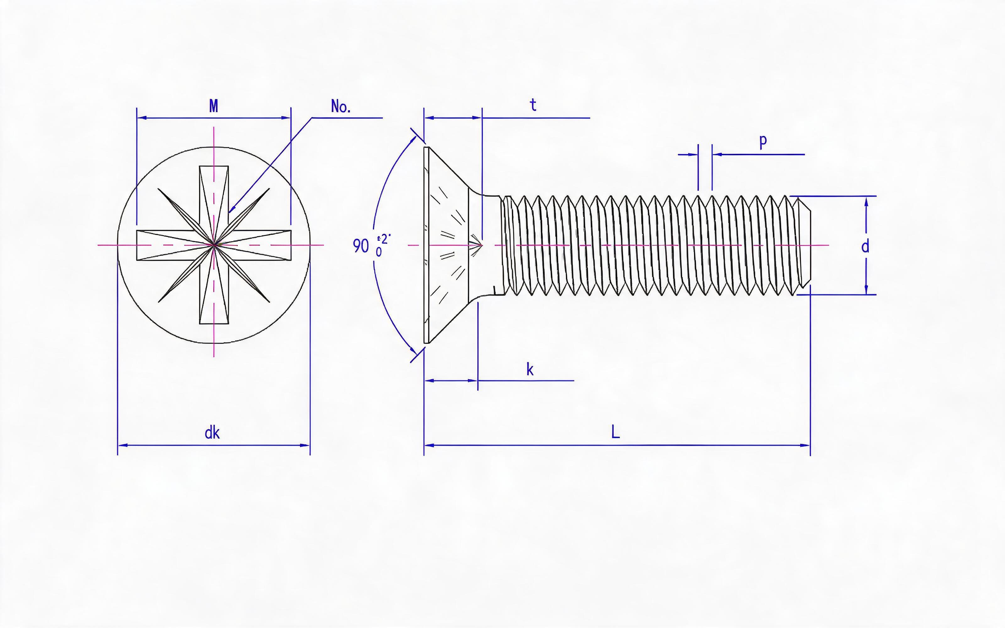 Grade 8.8, stainless steel and non-ferrous light herringbone groove countersunk head screw (Z-groove) Standard Drawing