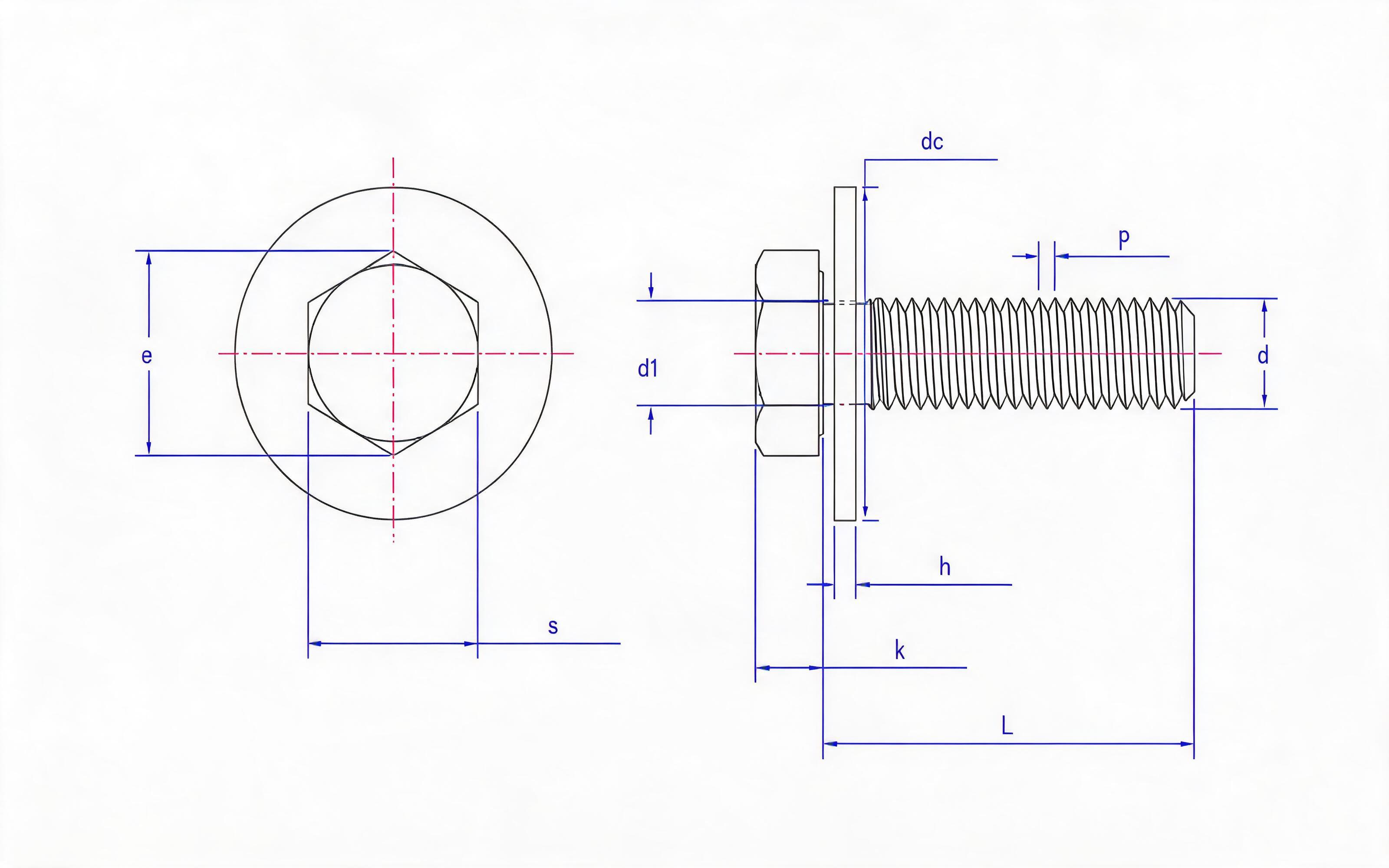 Hexagon bolt and large flat washer combination (ISO 4017) Standard Drawing