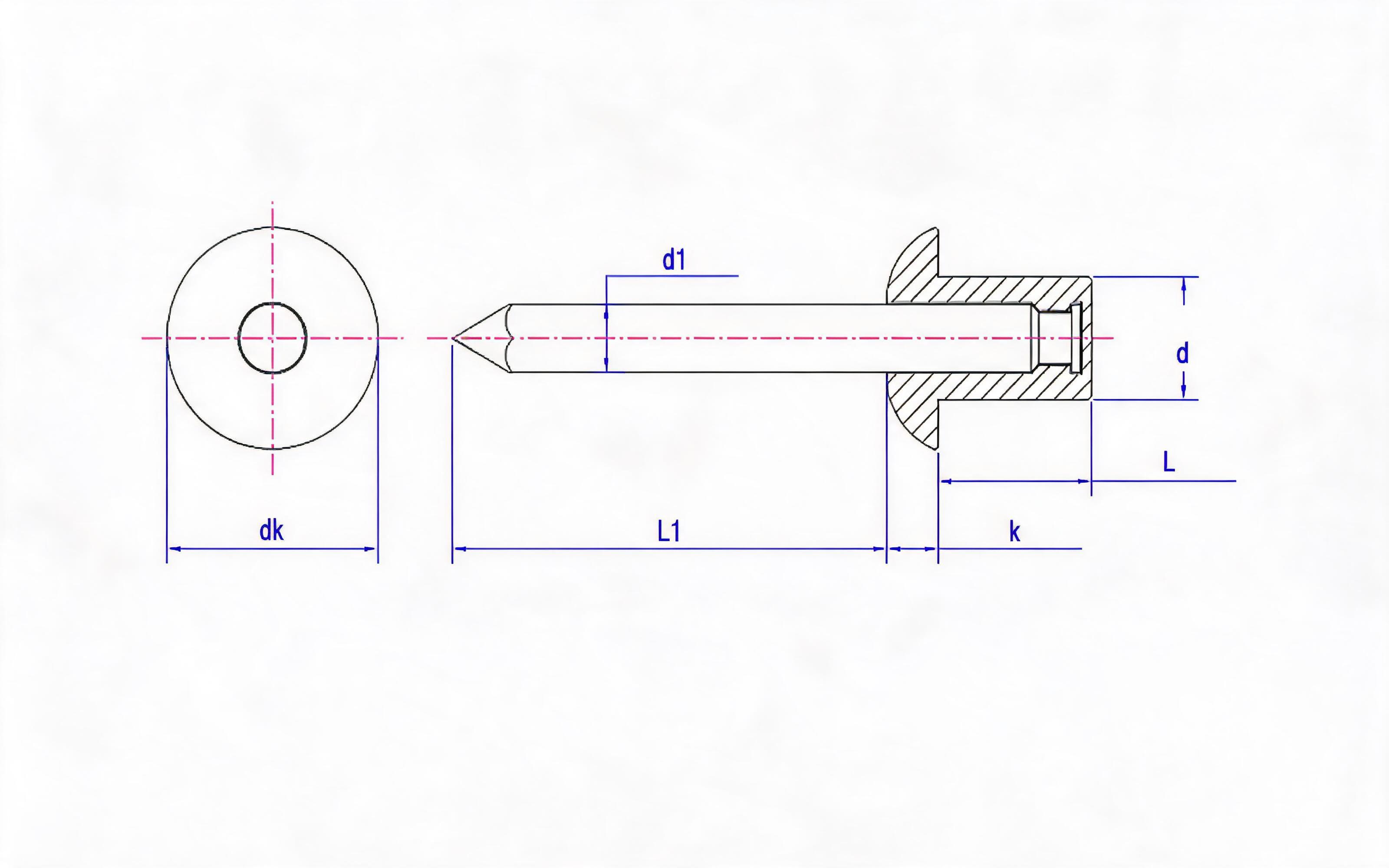 Closed-end flat-head arbor rivets, Grade 51 Standard Drawing