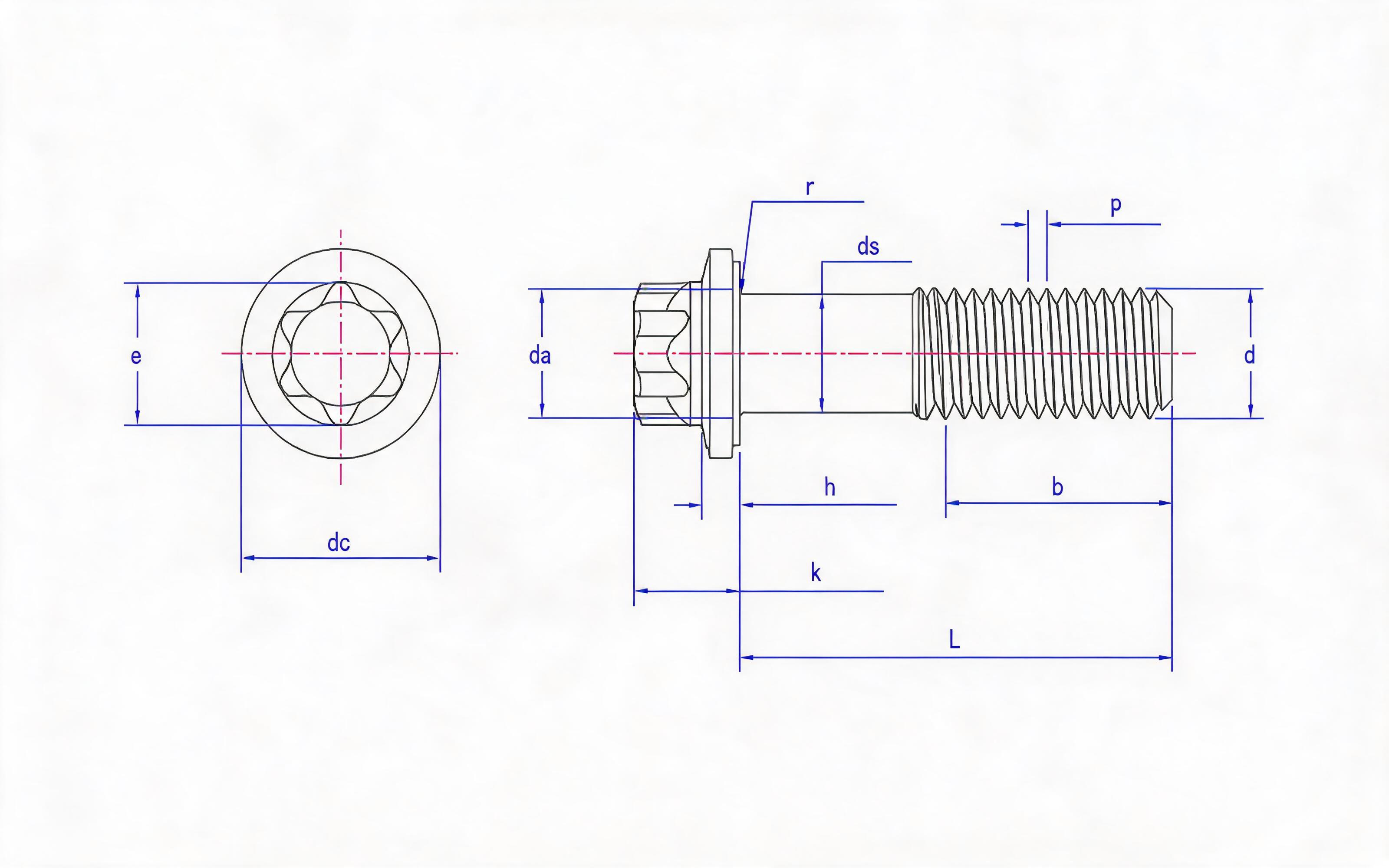 Large flange bolt of torx head fine rod (L<10d) Standard Drawing