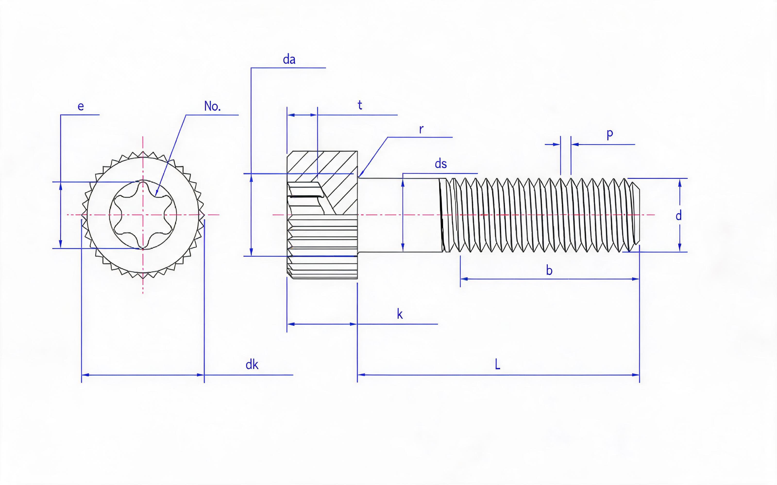 Knurled hexagon socket cheese head screw Standard Drawing