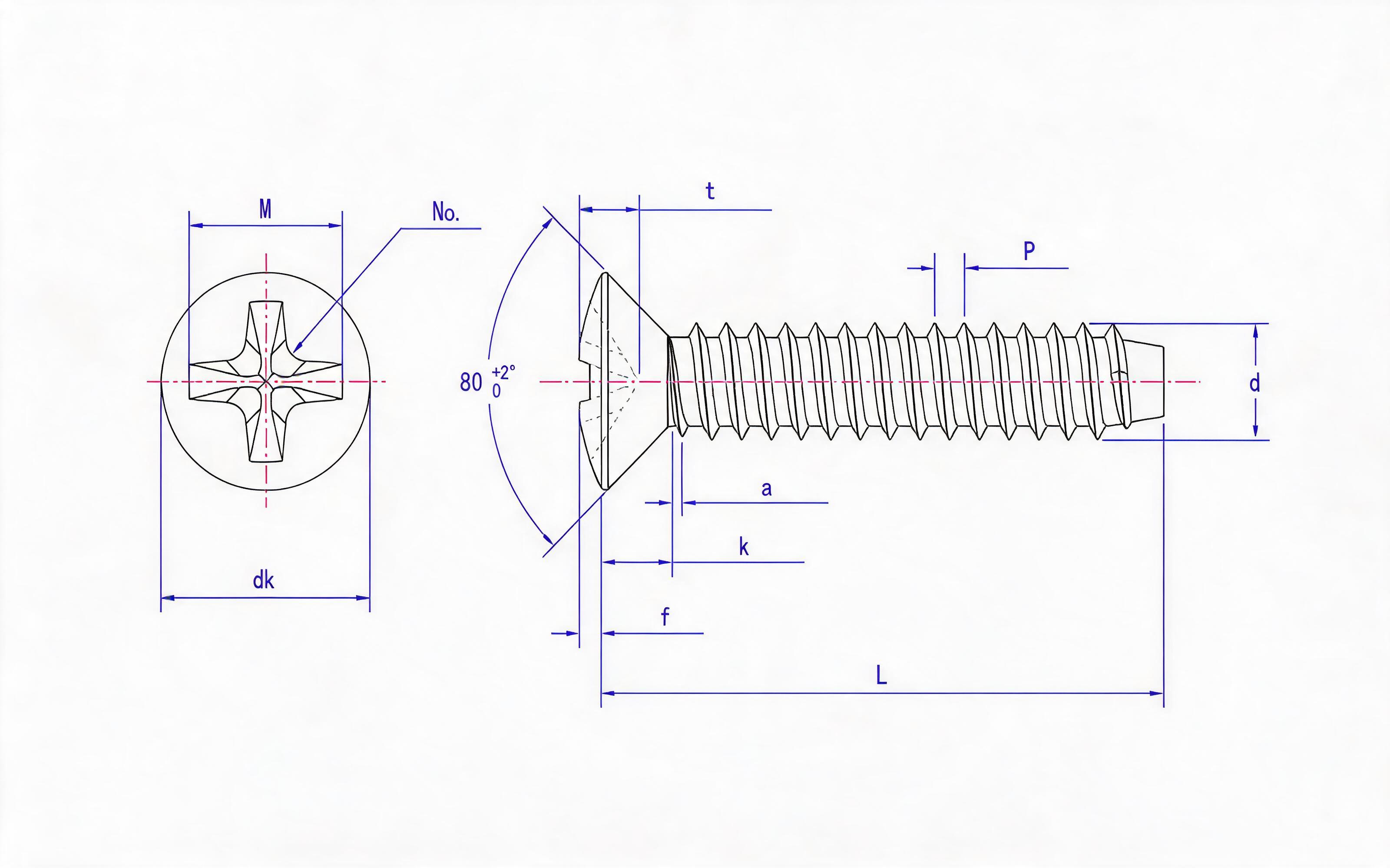 Cross recessed countersunk head self-tapping screw F-type Standard Drawing