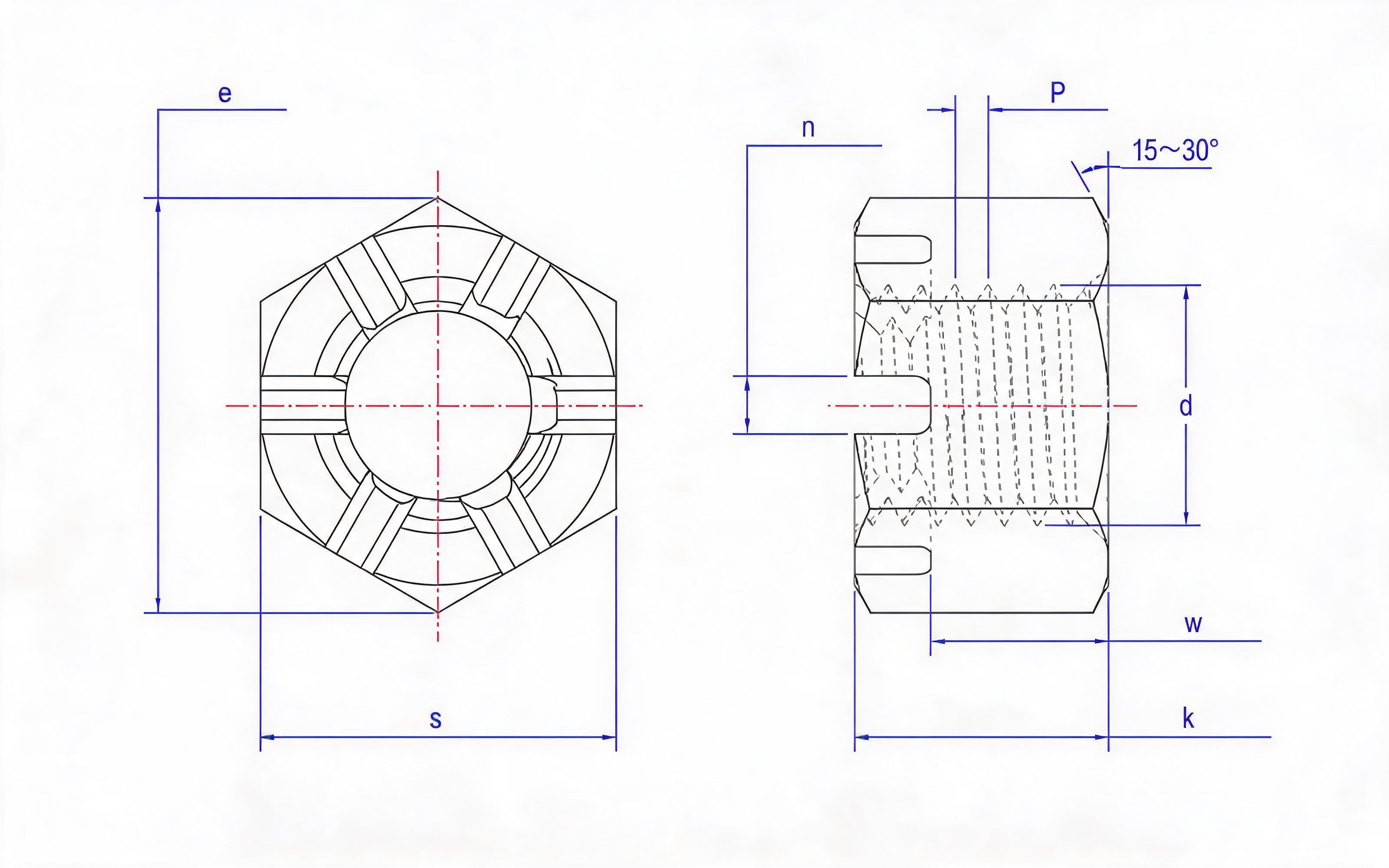 Hexagon castle nut (big opposite side) Standard Drawing