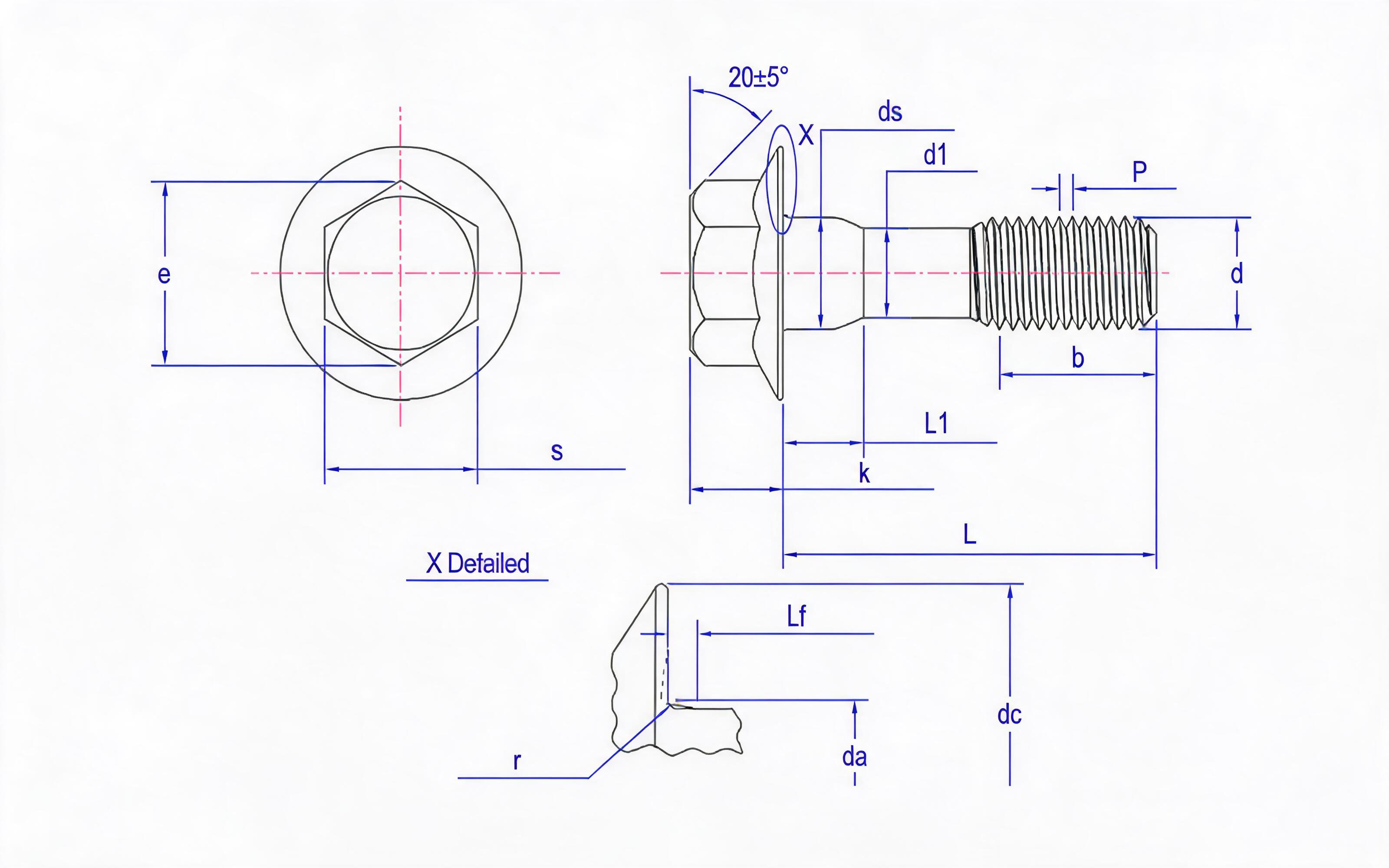 Hexagon flange thin rod bolt (type F) Standard Drawing
