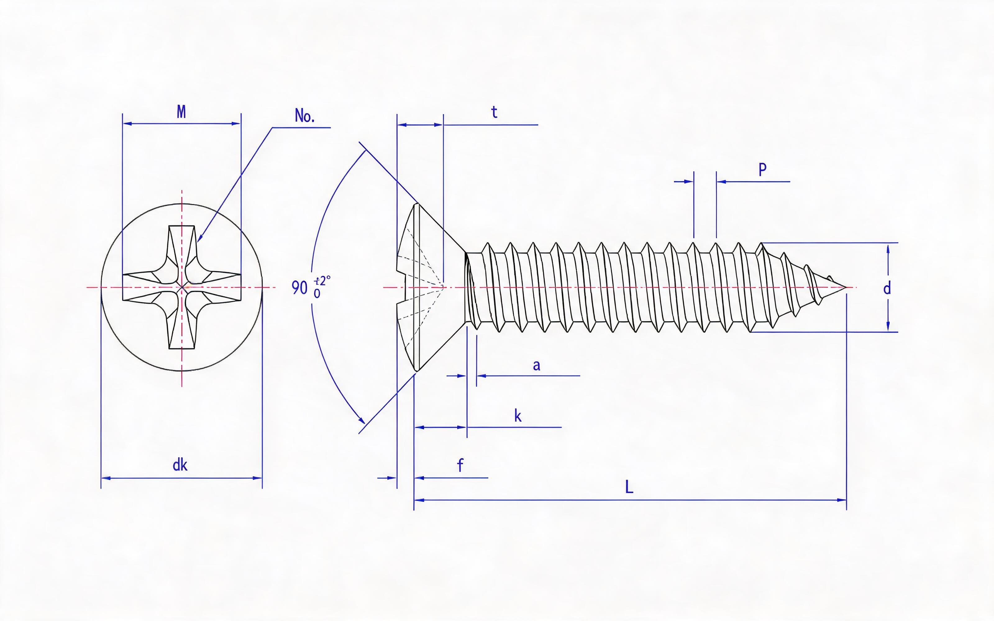 Cross recessed countersunk head self-tapping screw Type C Standard Drawing