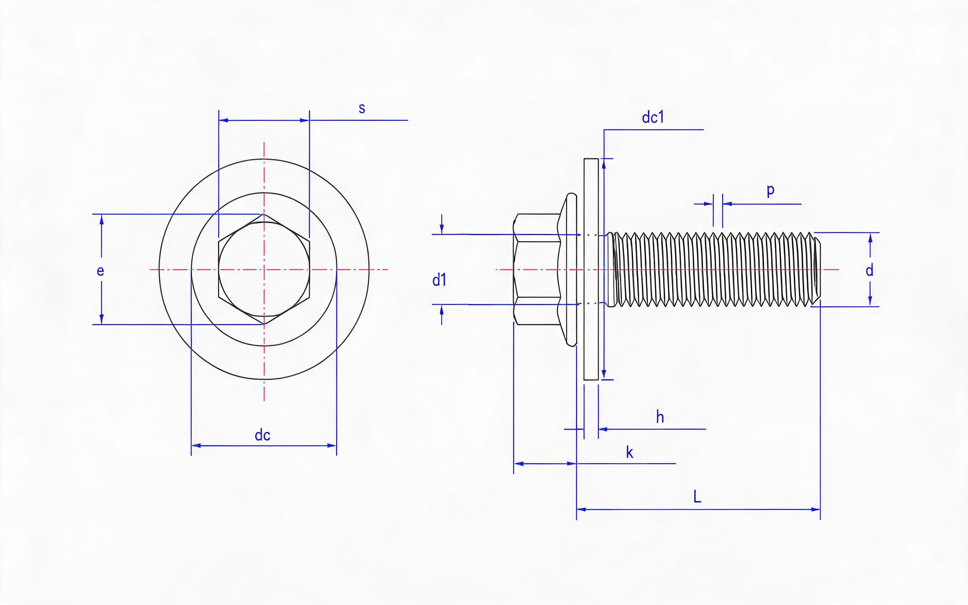 Hexagon flange bolt Small series fine thread (U-shaped) and large flat washer combination (ISO 15072) Standard Drawing