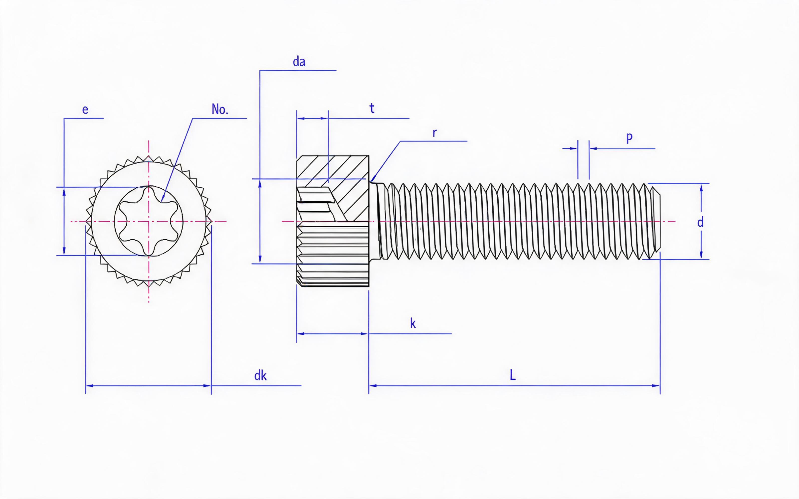 Knurled hexagon socket cheese head screw Standard Drawing