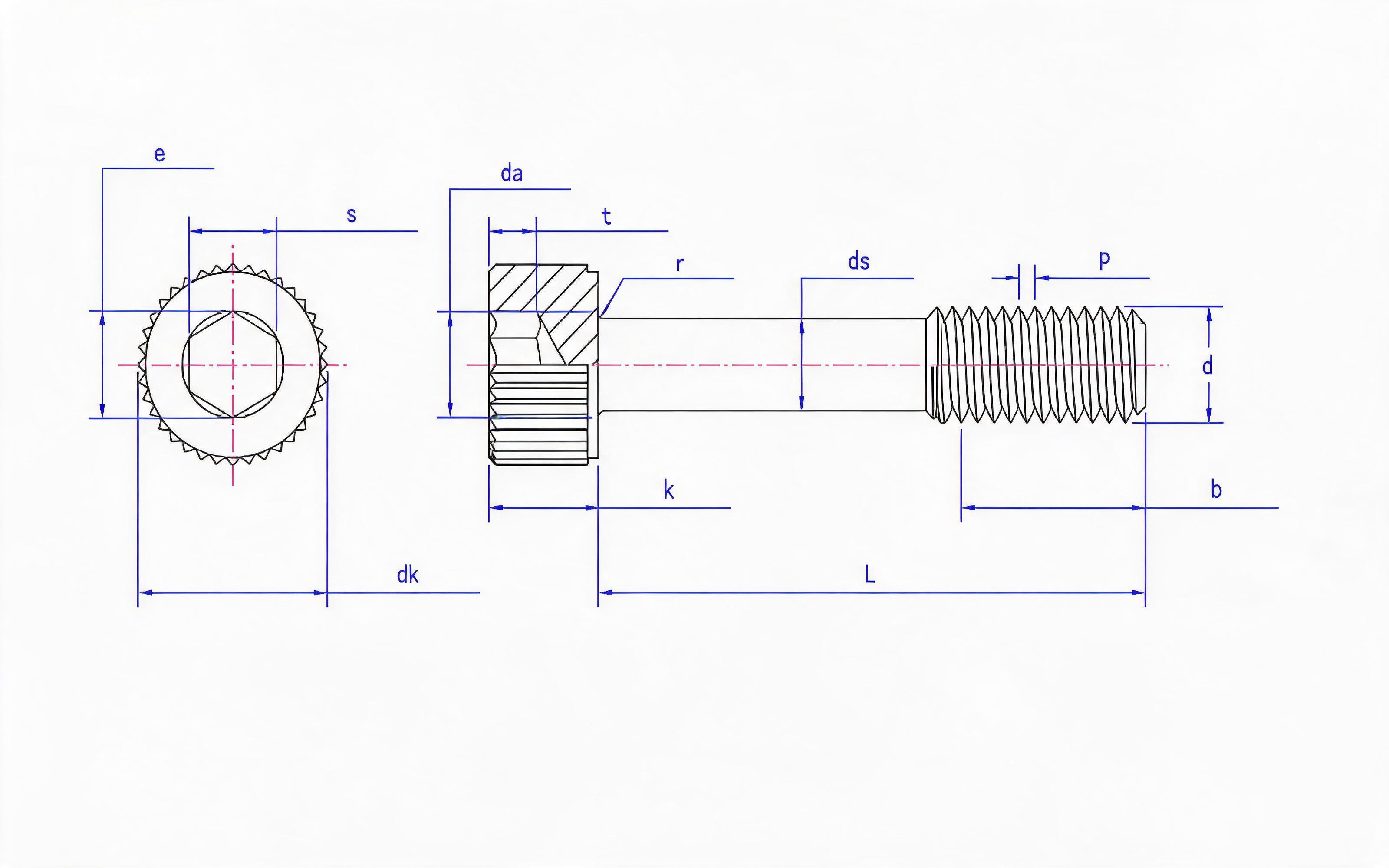 Knurled hexagon socket head captive screw L-shaped long thread (flat end) Standard Drawing