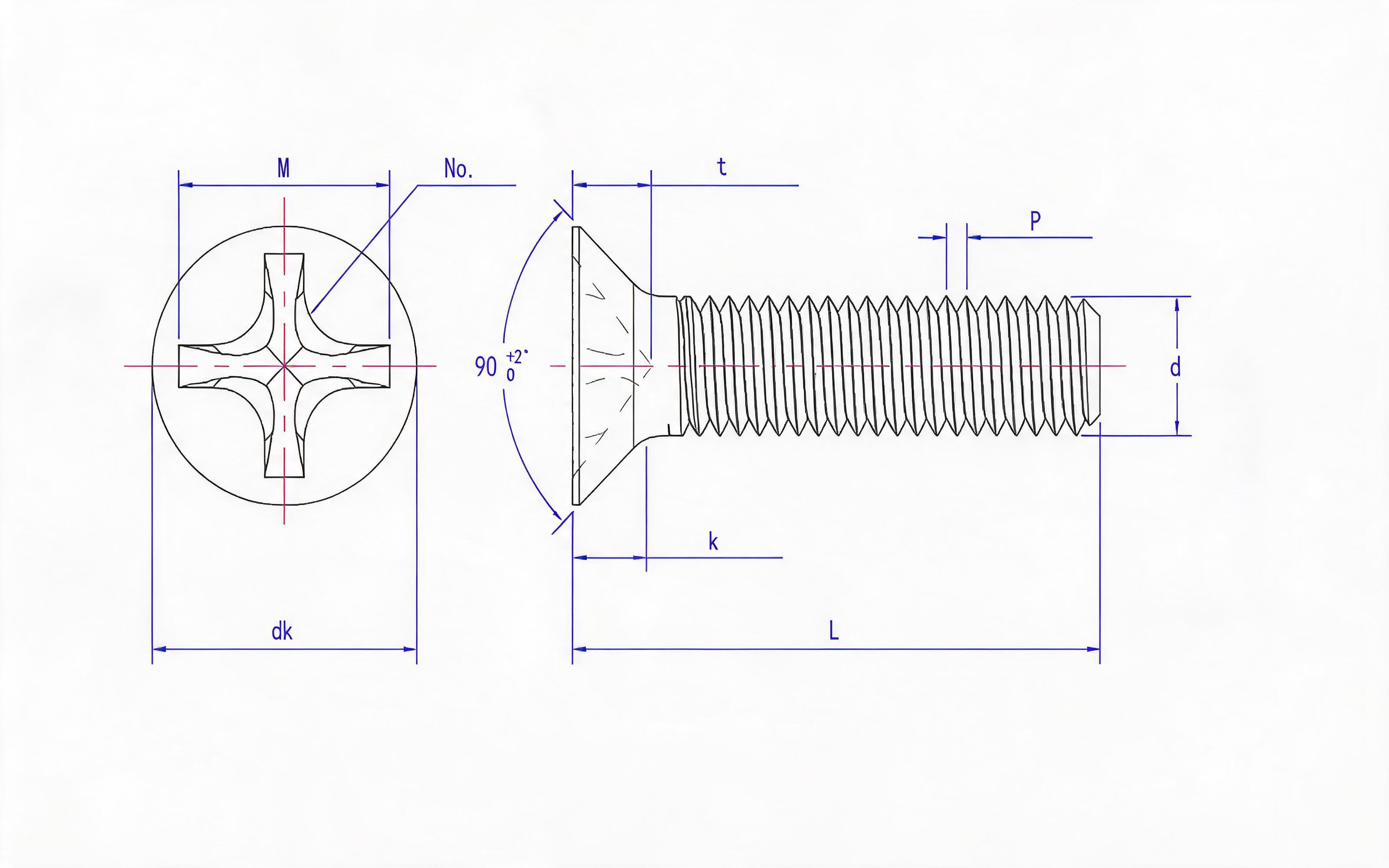 Grade 8.8, stainless steel and non-ferrous light cross recessed countersunk head screws (H-groove) Standard Drawing