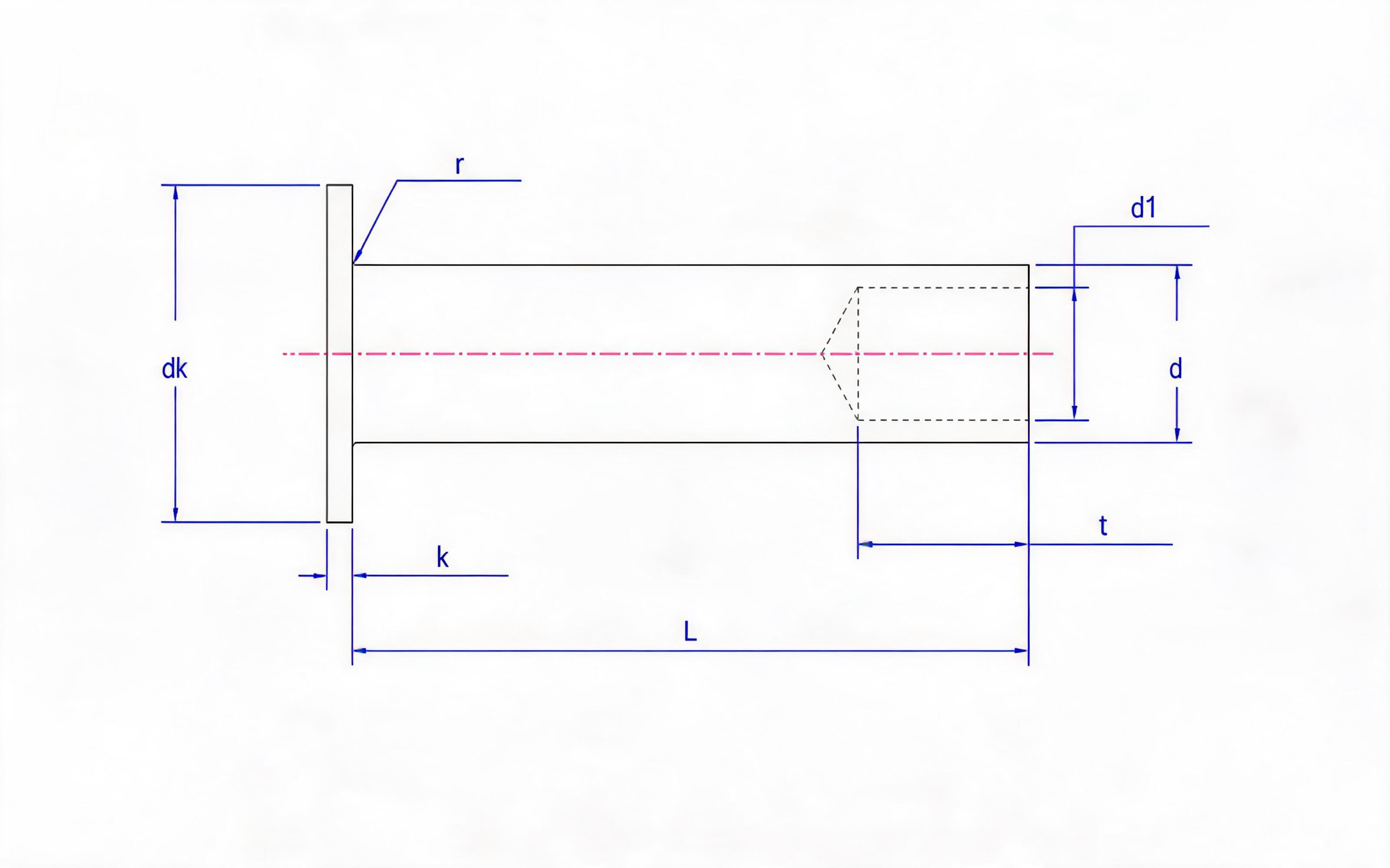 Flat head semi-hollow rivet (non-ferrous metal) Standard Drawing