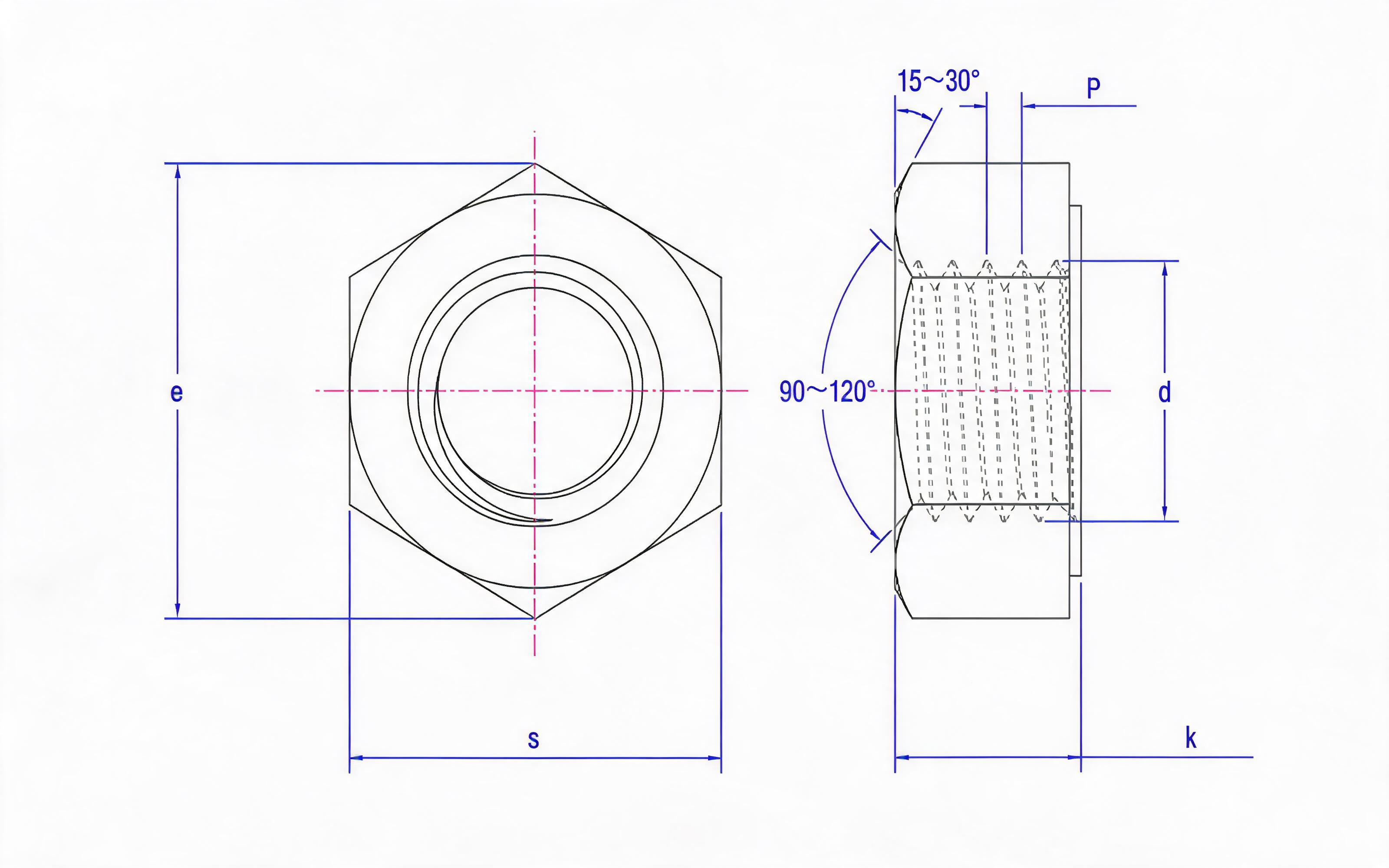 Type 1 single-chamfer hexagon fine thread nut Standard Drawing