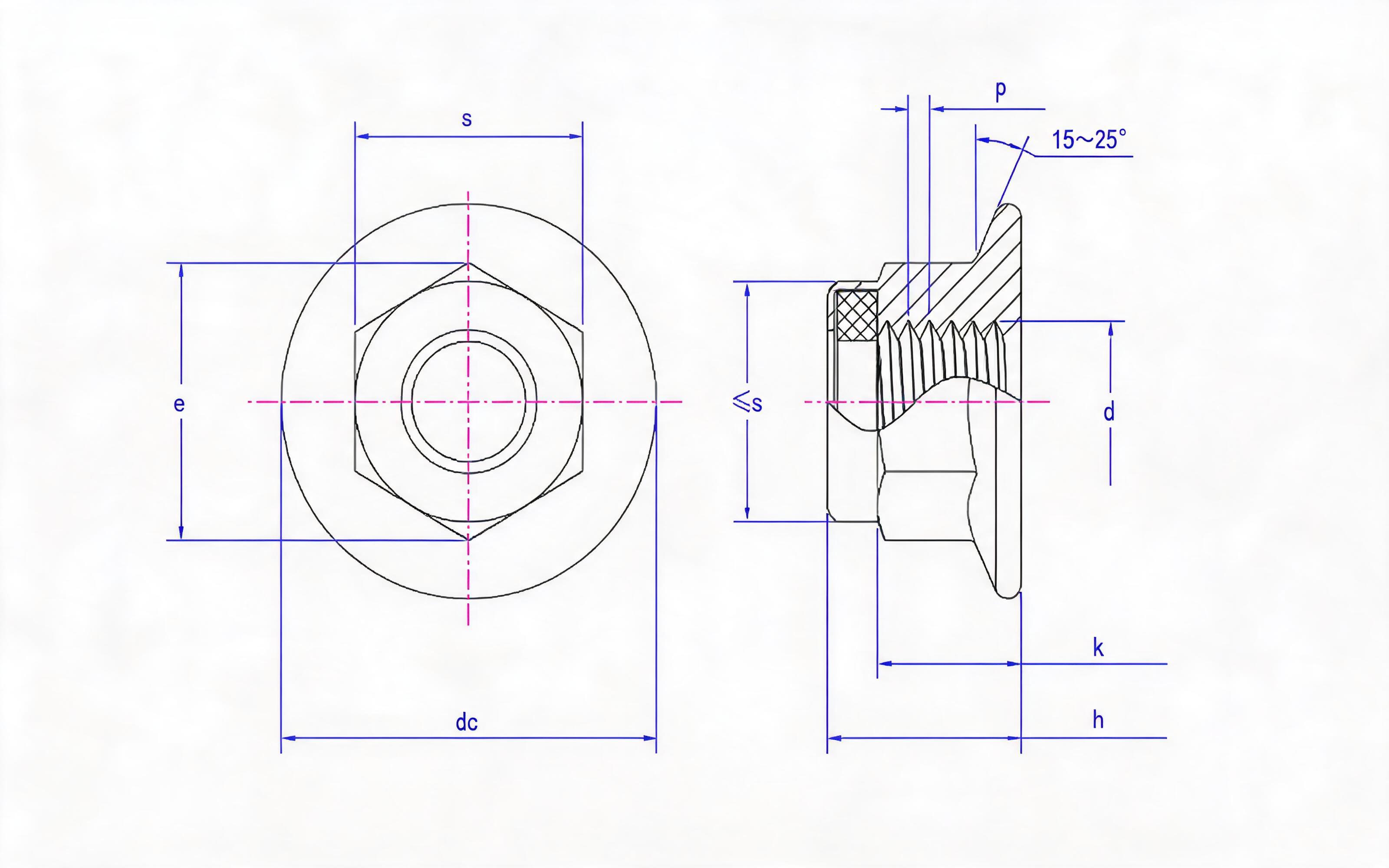 Type 2 non-metallic insert hexagon flange lock nut fine thread Standard Drawing